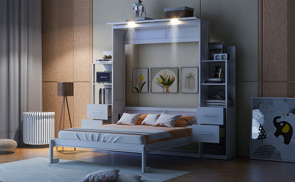 Queen Size Murphy Bed Wall Bed with Shelves, Drawers and LED Lights,White(OLD SKU:LP000566AAK-1)