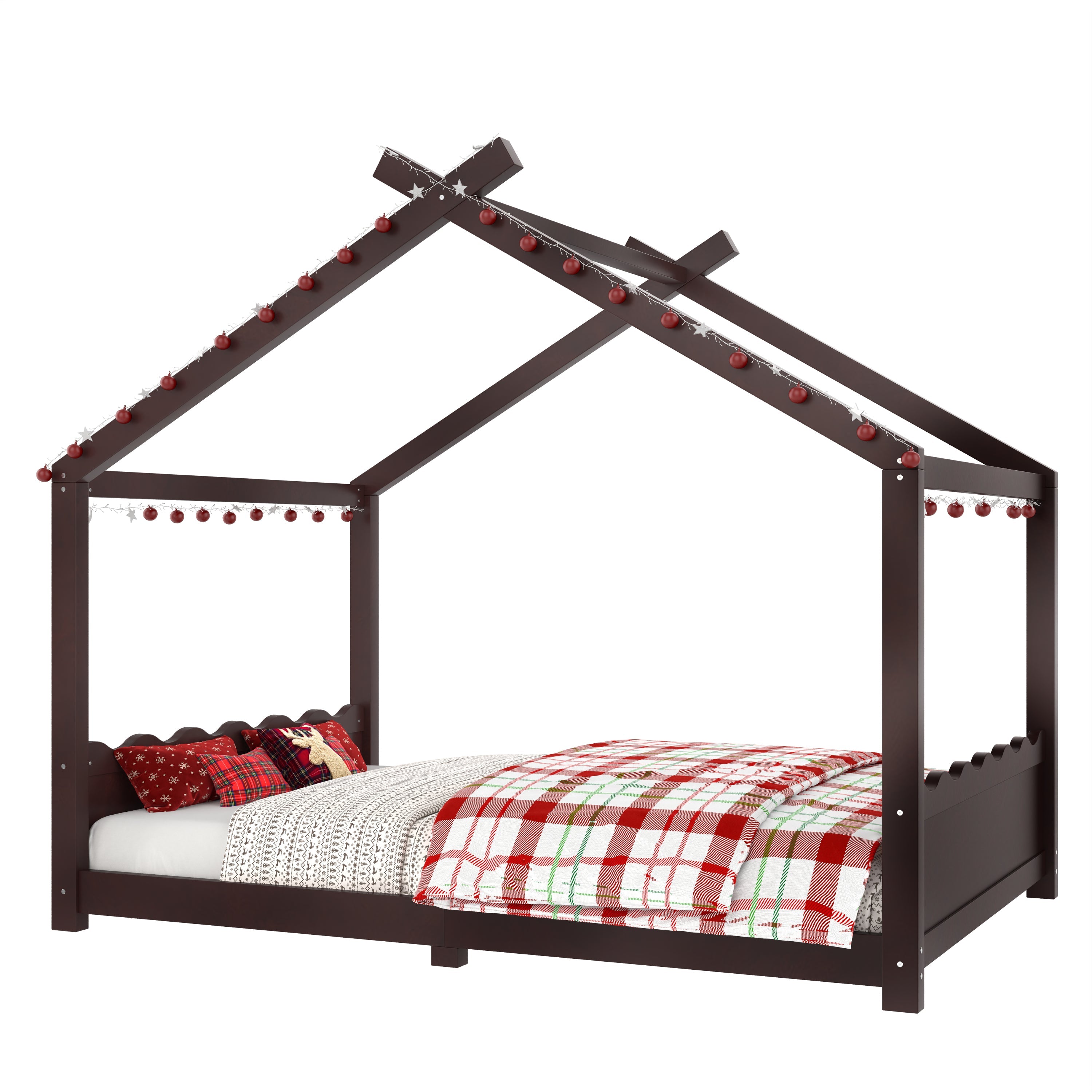 Full House Floor Bed with Support Slats, Solid Wood House Bed Frame for Kids, No Box Spring Needed and Opening Constructure, Espresso