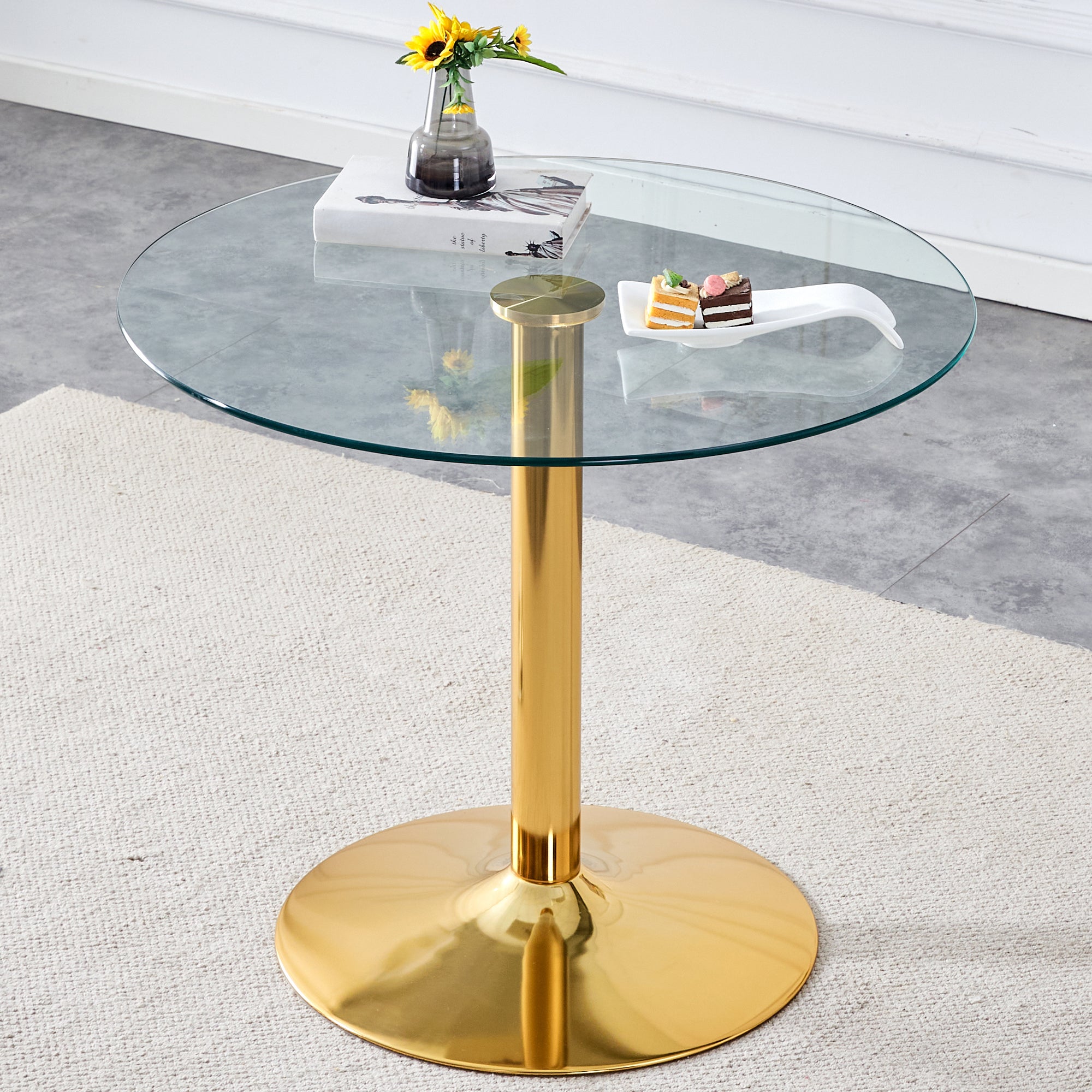 Modern Minimalist Round Dining Table with Glass Top and Gold Metal Legs, 35-Inch Diameter