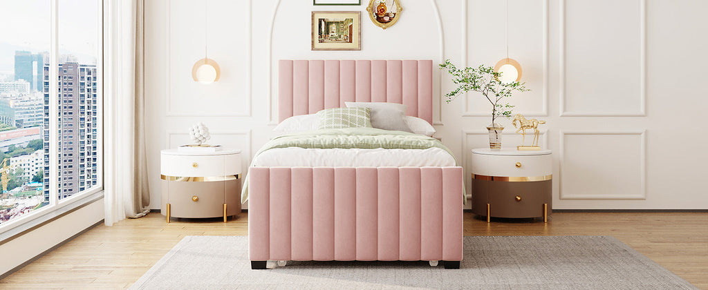 Twin Size Velvet Upholstered Platform Bed with Twin Size Trundle, Pink