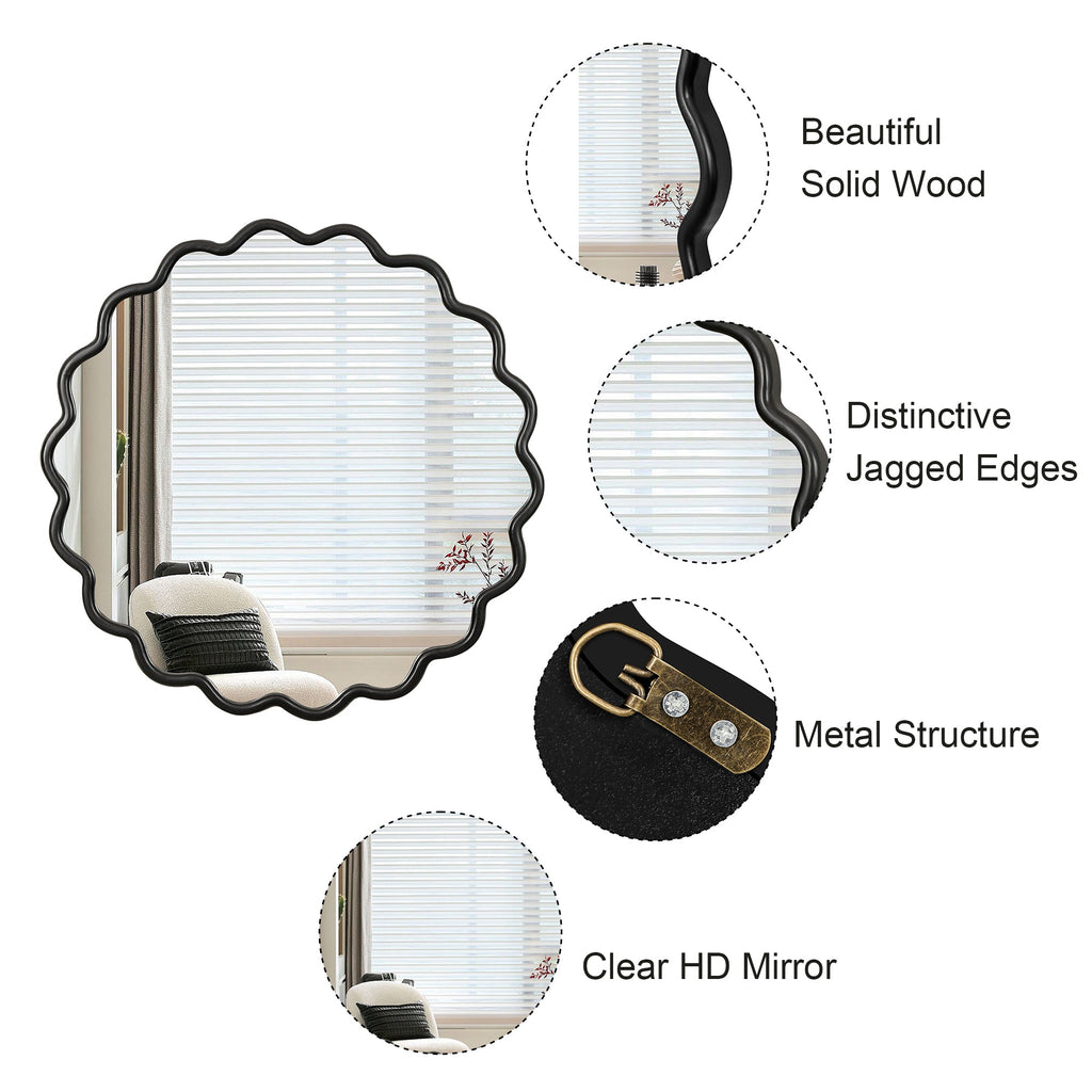 Solid Wood Wavy Mirror-Black Mirror Wall Decor 31" x 31" Modern Mirror Wall Decor for Bathroom, Bedroom, Living Room, Dining Room, Cloakroom, Entryway