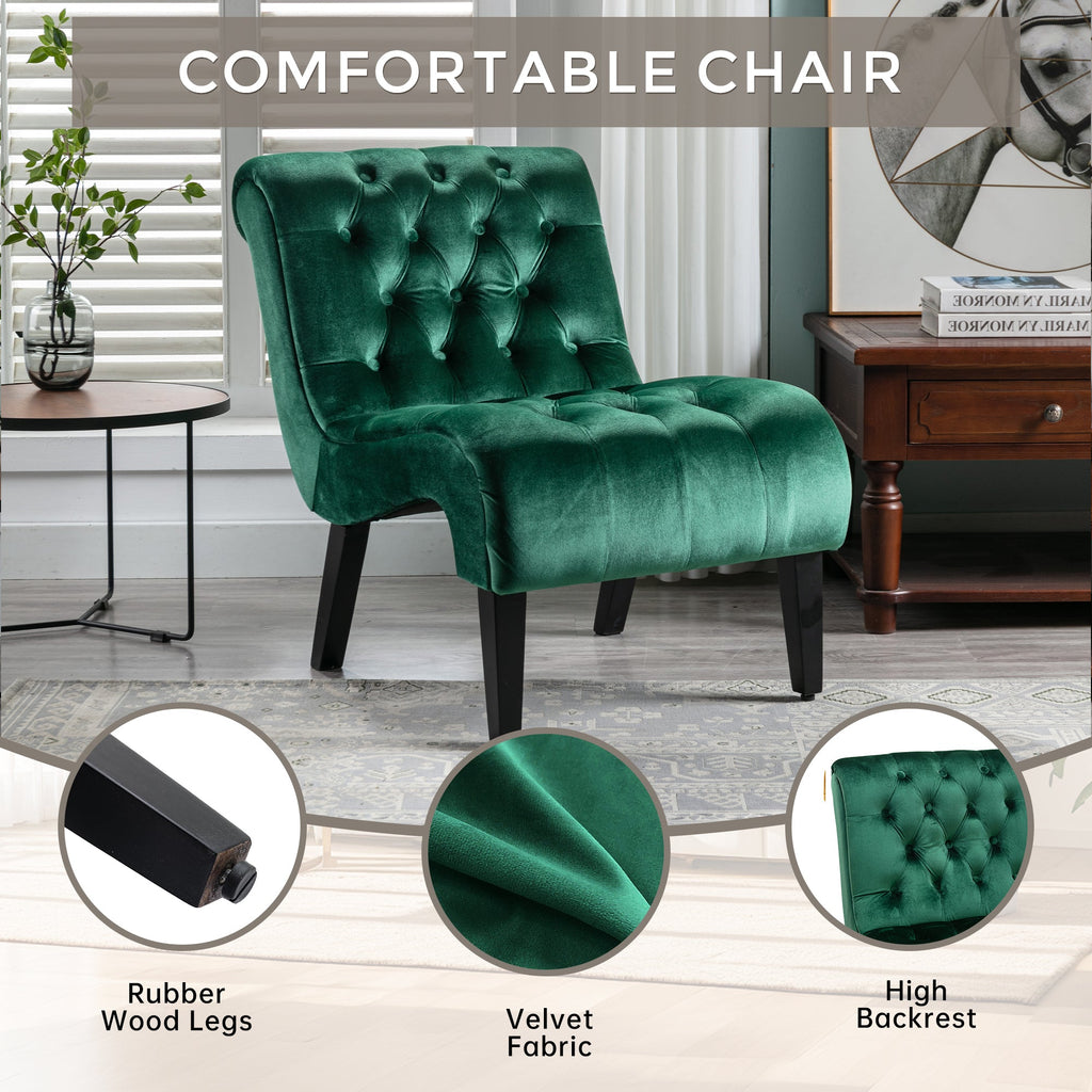COOLMORE Modern Velvet Armless Accent Living Room Chair / Leisure Chair,Upholstered Fabric Button Comfortable Chair with Wooden Legs for Bedroom, Living Room, Office (Green Velvet)
