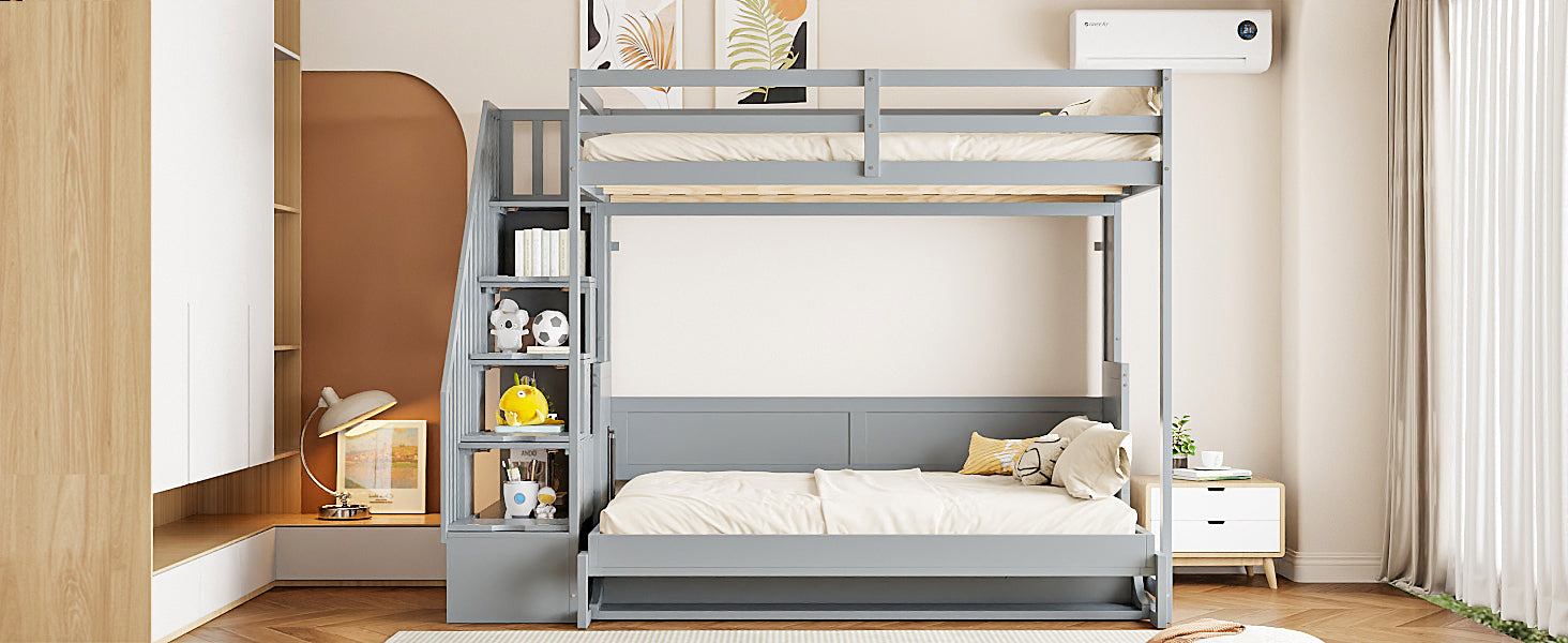 Full Over Full Size Murphy Bed with Hydraulic Lift & Desk Design, Gray
