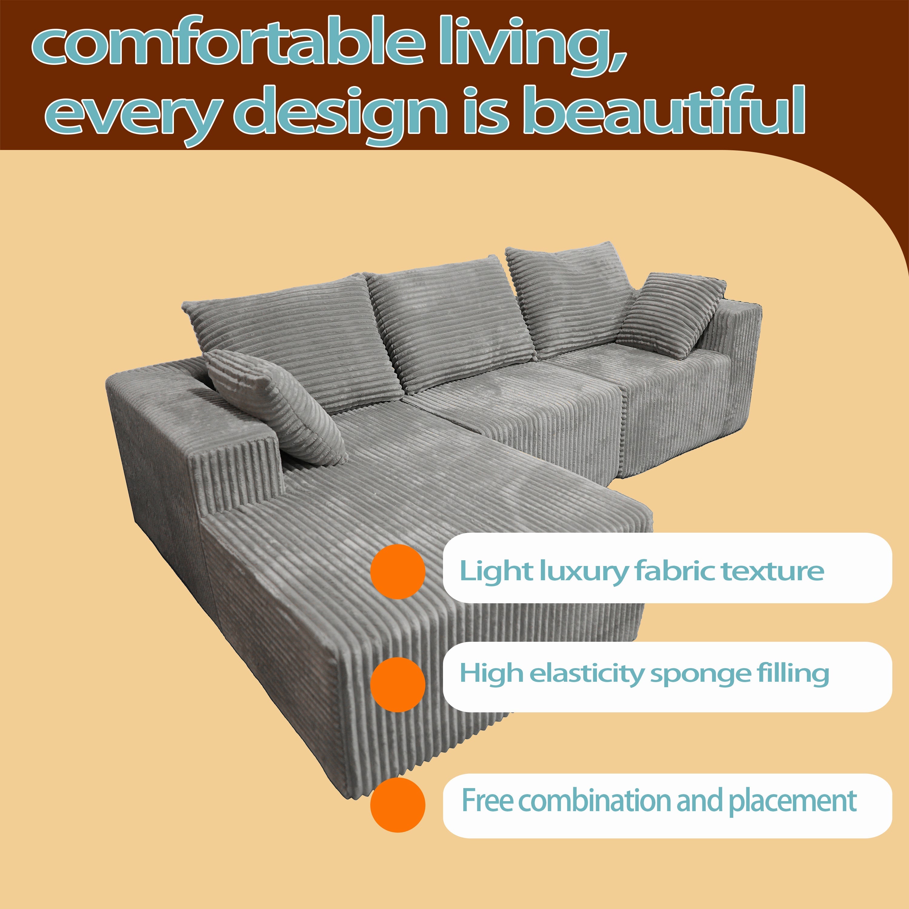 Corner combination sofa, sectional sofa ,couch sofa,sofa bed, made of high-density sponge and soft plush fabric, with multiple combinations available(gray)