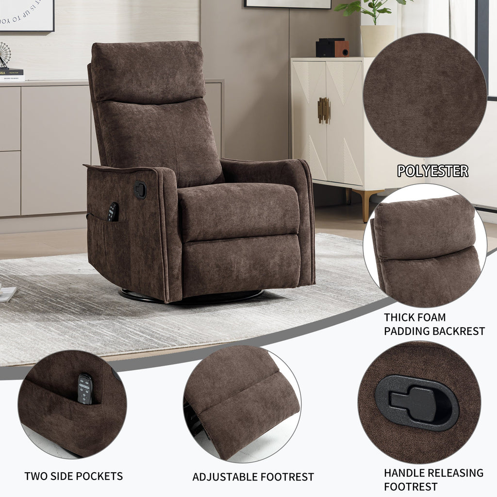 Heat Massage Manual Recliner Chair with Rocker and Swivel in Fabric for Living Room, Brown