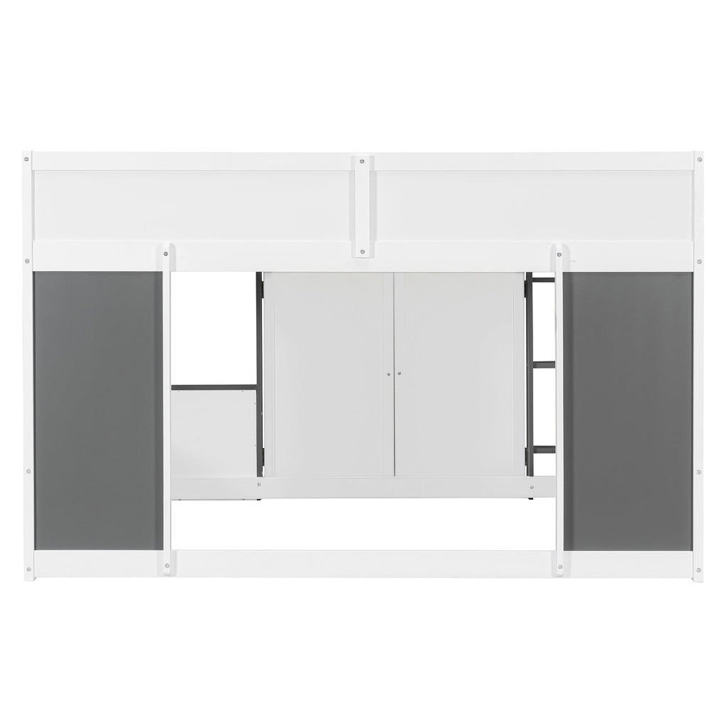 Full Loft House Bed with Playhouse & Storage, Modern Wood Cabin Bed for Kids/Teens, White+Gray