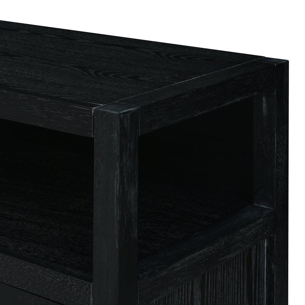 TREXM Bohemian Style Rattan Buffet Storage Cabinet with Solid Wood Frame, Sideboard with 3-position Adjustable Shelves for Living & Dining Rooms, No-Handle Push-to-Open Design (Black)