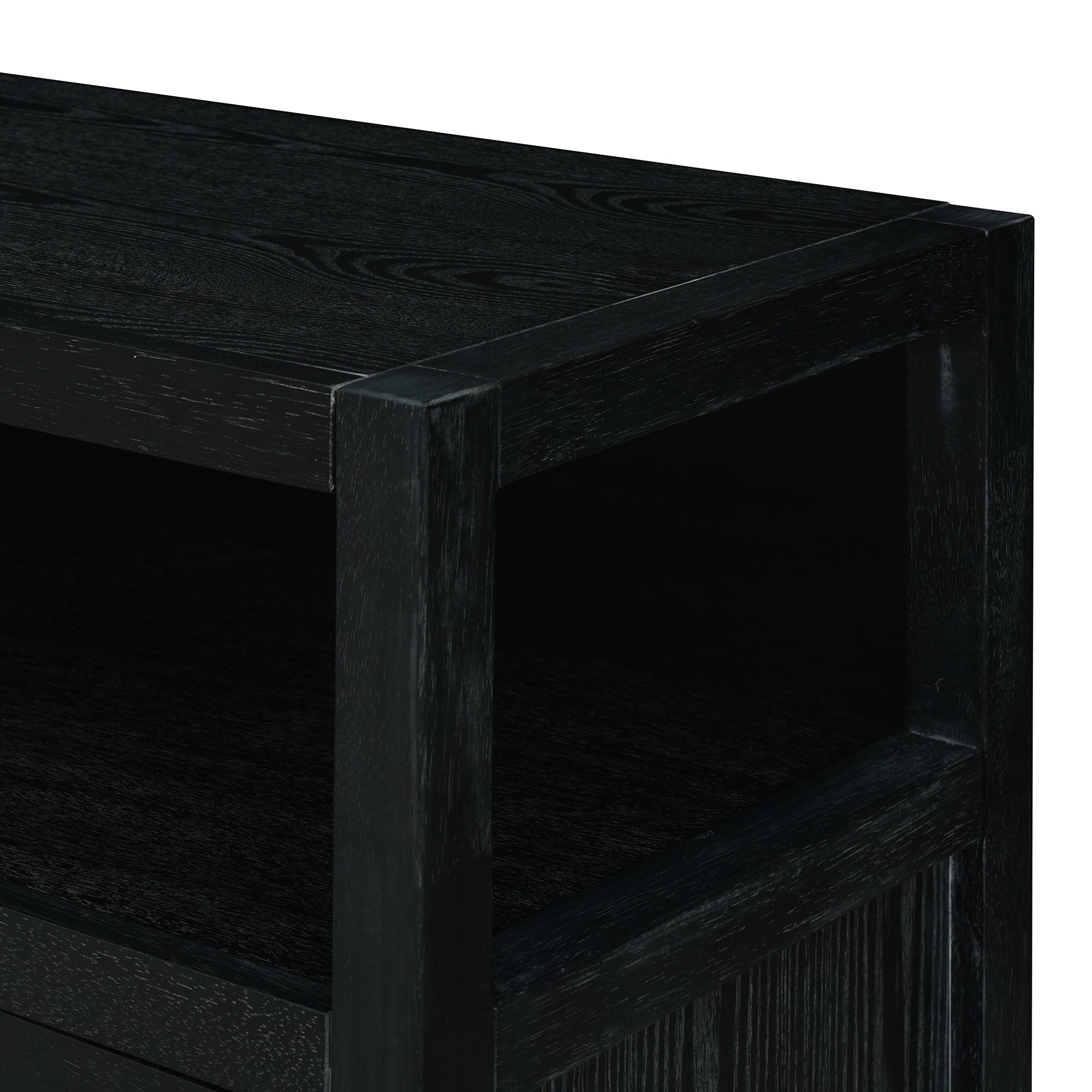 TREXM Bohemian Style Rattan Buffet Storage Cabinet with Solid Wood Frame, Sideboard with 3-position Adjustable Shelves for Living & Dining Rooms, No-Handle Push-to-Open Design (Black)