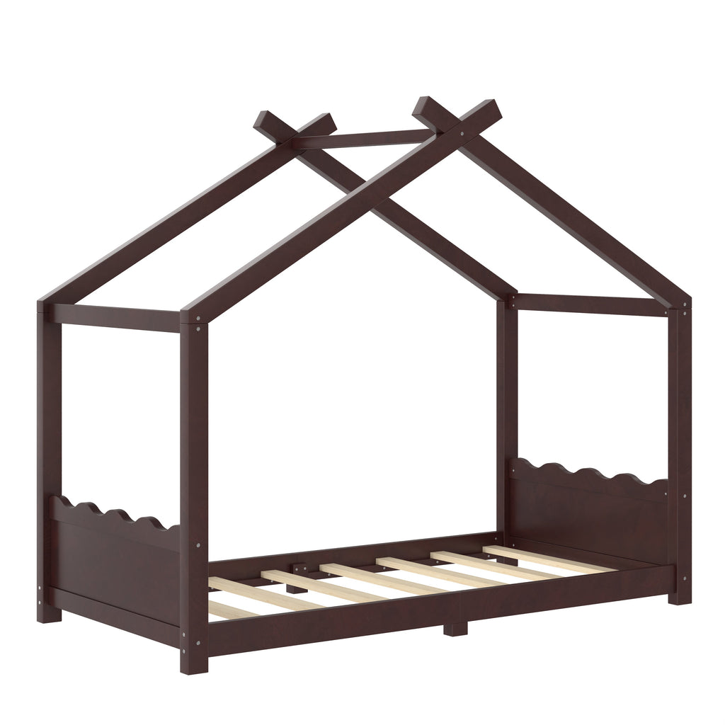 Twin House Floor Bed with Support Slats, Solid Wood House Bed Frame for Kids, No Box Spring Needed and Opening Constructure, Espresso