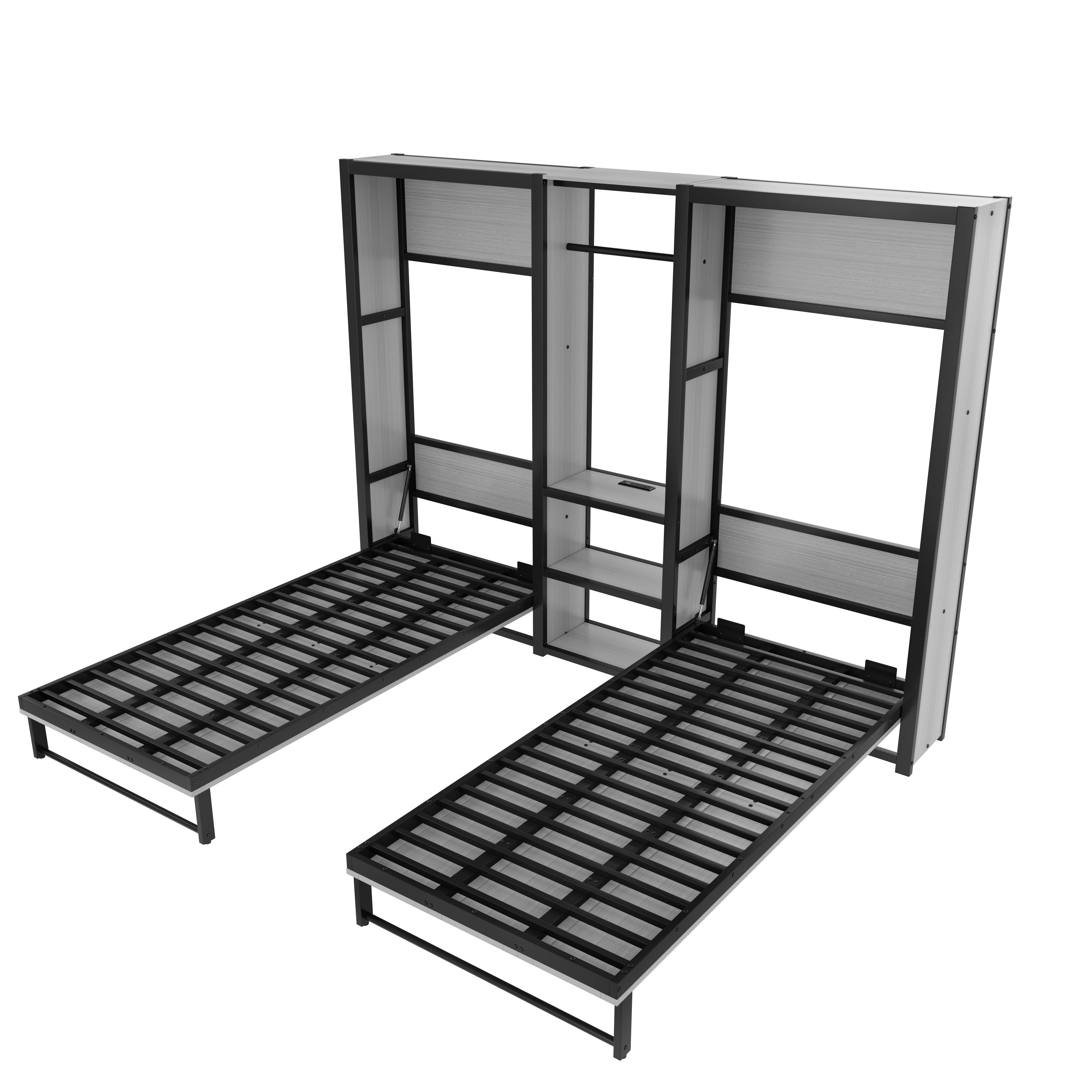 Twin and Twin Murphy Bed, Metal Foldable Murphy Bed with Wardrobe, Shelves and Power Outlets, 2 in 1 Design, Space-saving, Gray