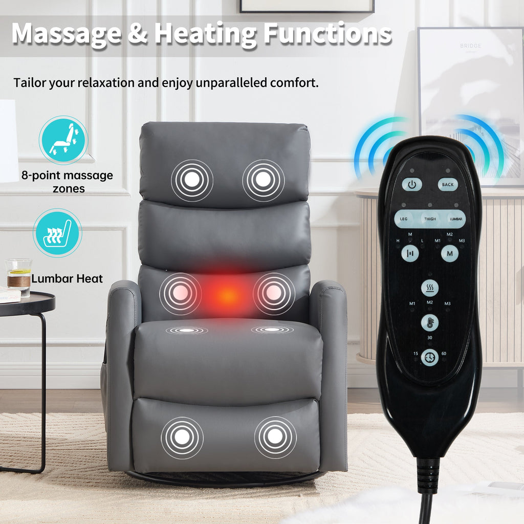 Heat Massage Manual Recliner Chair with Rocker and Swivel in Fabric for Living Room, Grey
