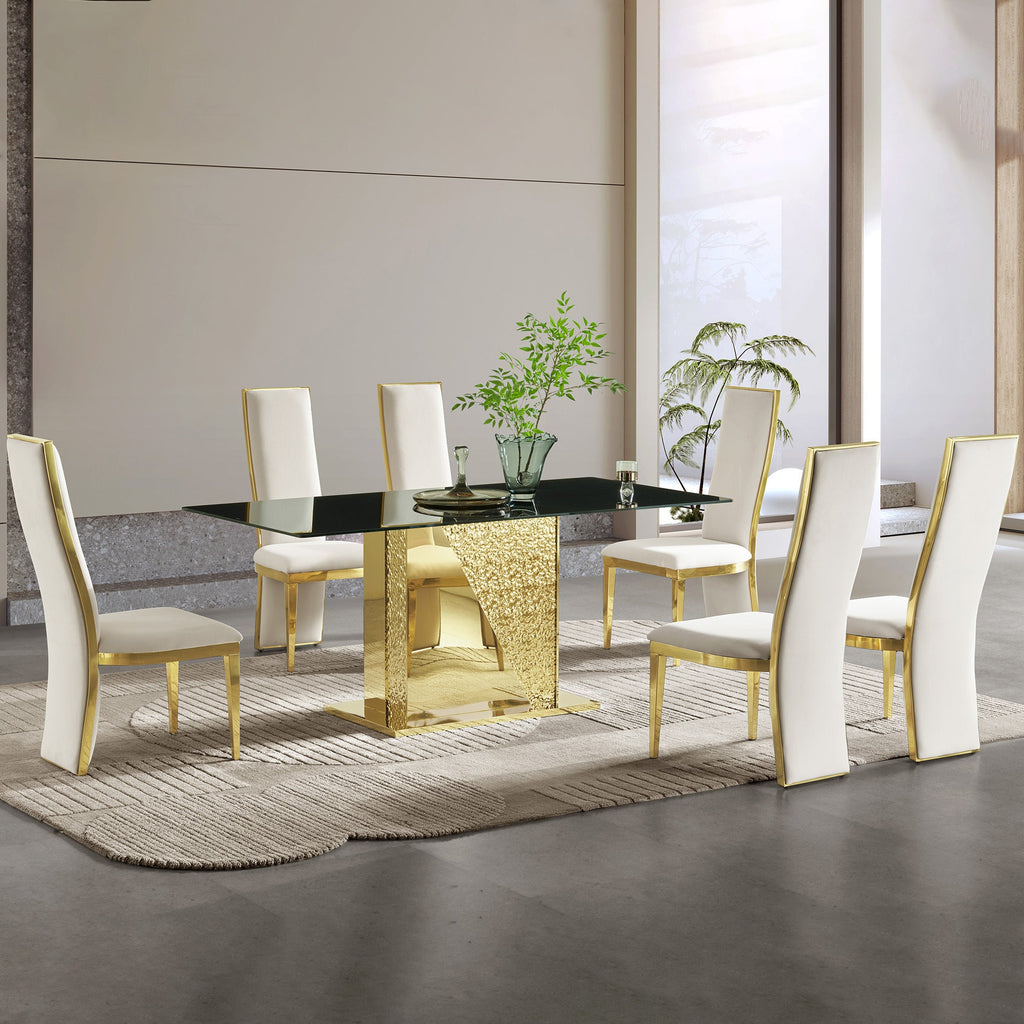 Gold stainless steel legs dining table  70.08 inch black  tempered glass top