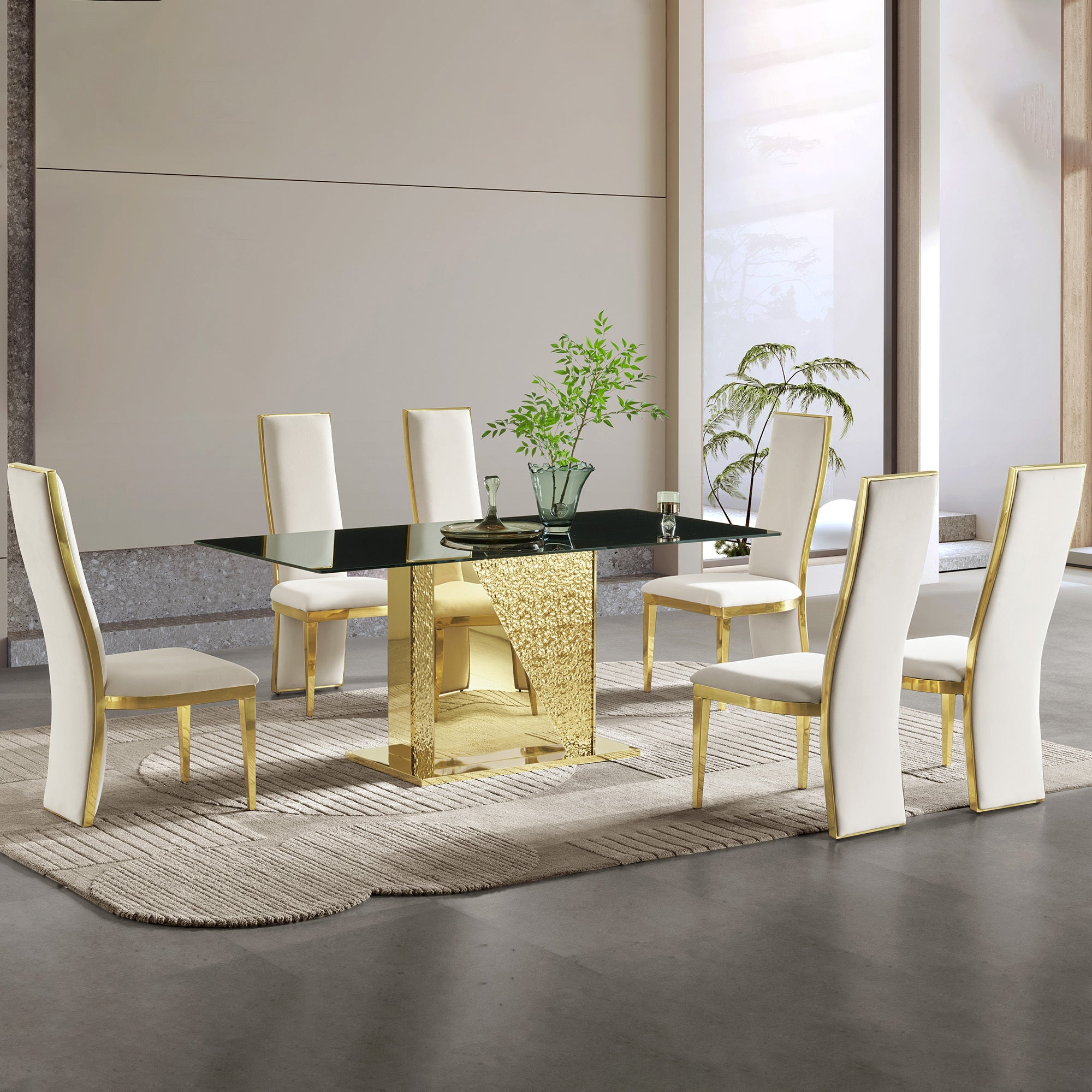 Gold stainless steel legs dining table  70.08 inch black  tempered glass top