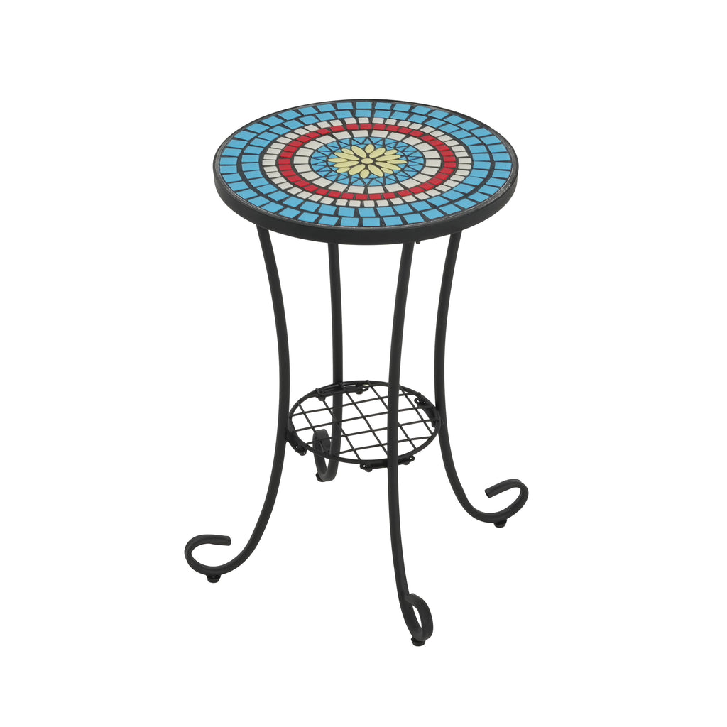 Vibrant Patio Side Table with Shelf, Floral Design, Blue and Black Ceramic Tile, 14-Inch