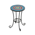 Vibrant Patio Side Table with Shelf, Floral Design, Blue and Black Ceramic Tile, 14-Inch