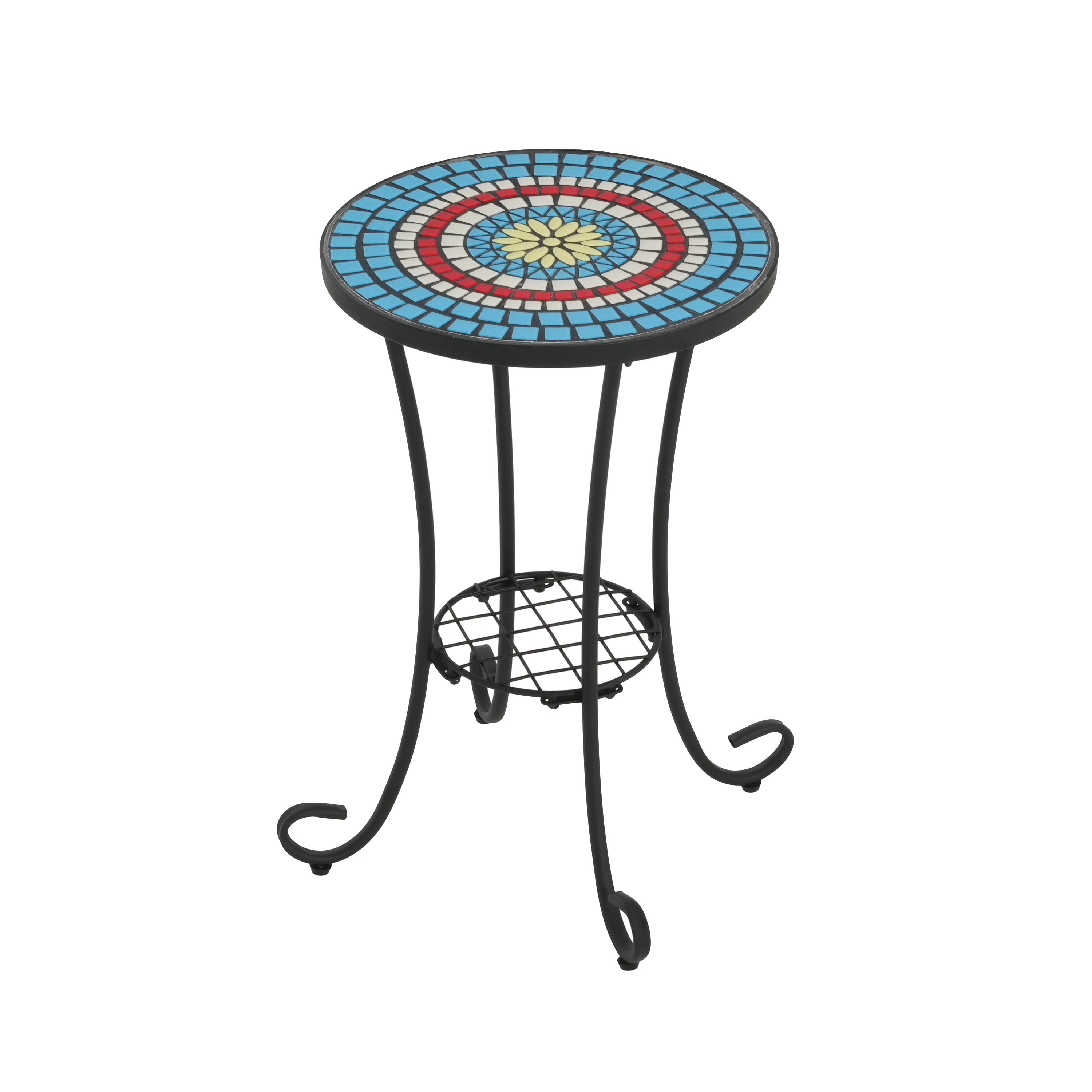 Vibrant Patio Side Table with Shelf, Floral Design, Blue and Black Ceramic Tile, 14-Inch