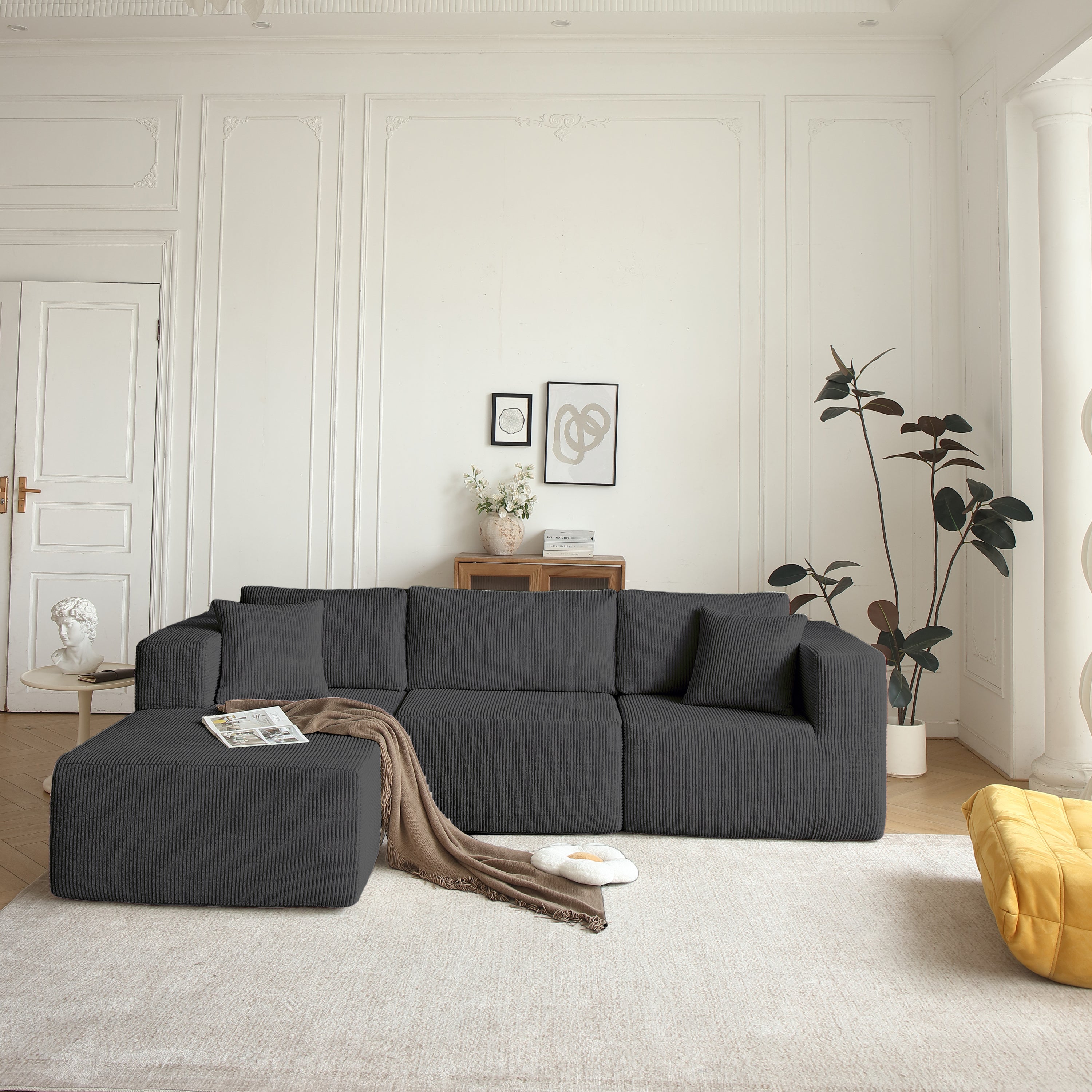H613 Sectional Sofa and Module, Mid-Century Modern L Shaped Couches 3-Seat Sofa for Living Room Grey Left