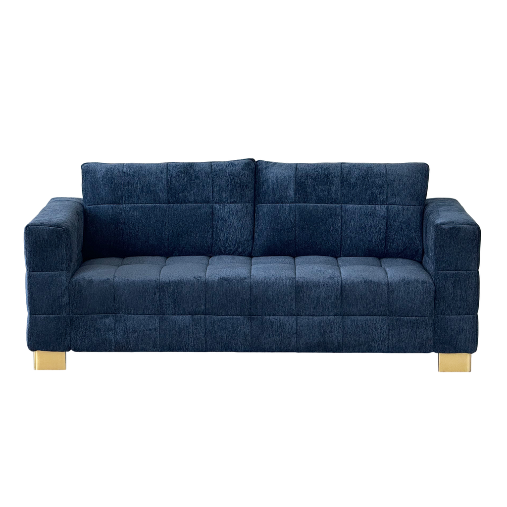 FX-P54-RB SOFA  Retro Blue Chenille Upholstered Couch, Wide-Arm 3-Seater with Custom Stainless-Steel Legs & Tufted Seat  Modern Living Room Sofa for Comfort & Style