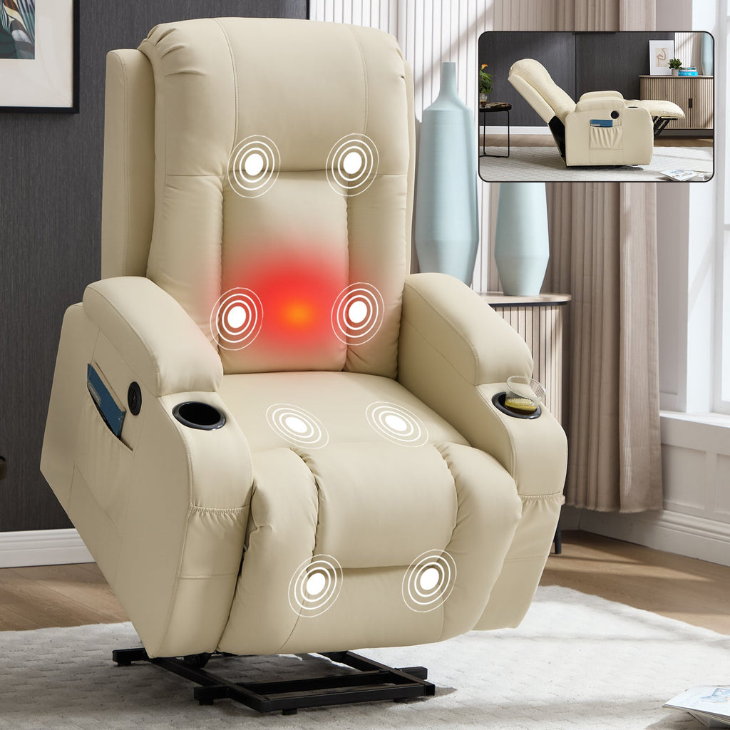 Beige PU Infinite Position Up to 350 LBS Power Lift Recliner Chair for Elderly, Heavy Duty Motion Mechanism with 8-Point Vibration Massage and Lumbar Heating, USB Charging Port, Cup Holders