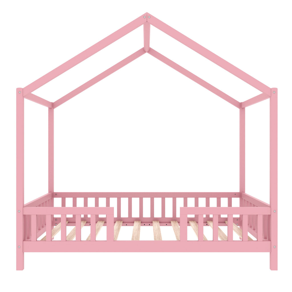 Montessori Floor Bed with Canopy, Twin Bed Frame for Kids, House Shape Kids Bed Frame with High Railings, Wood Kids Bed with Roof, Kid Twin Bed, Pink