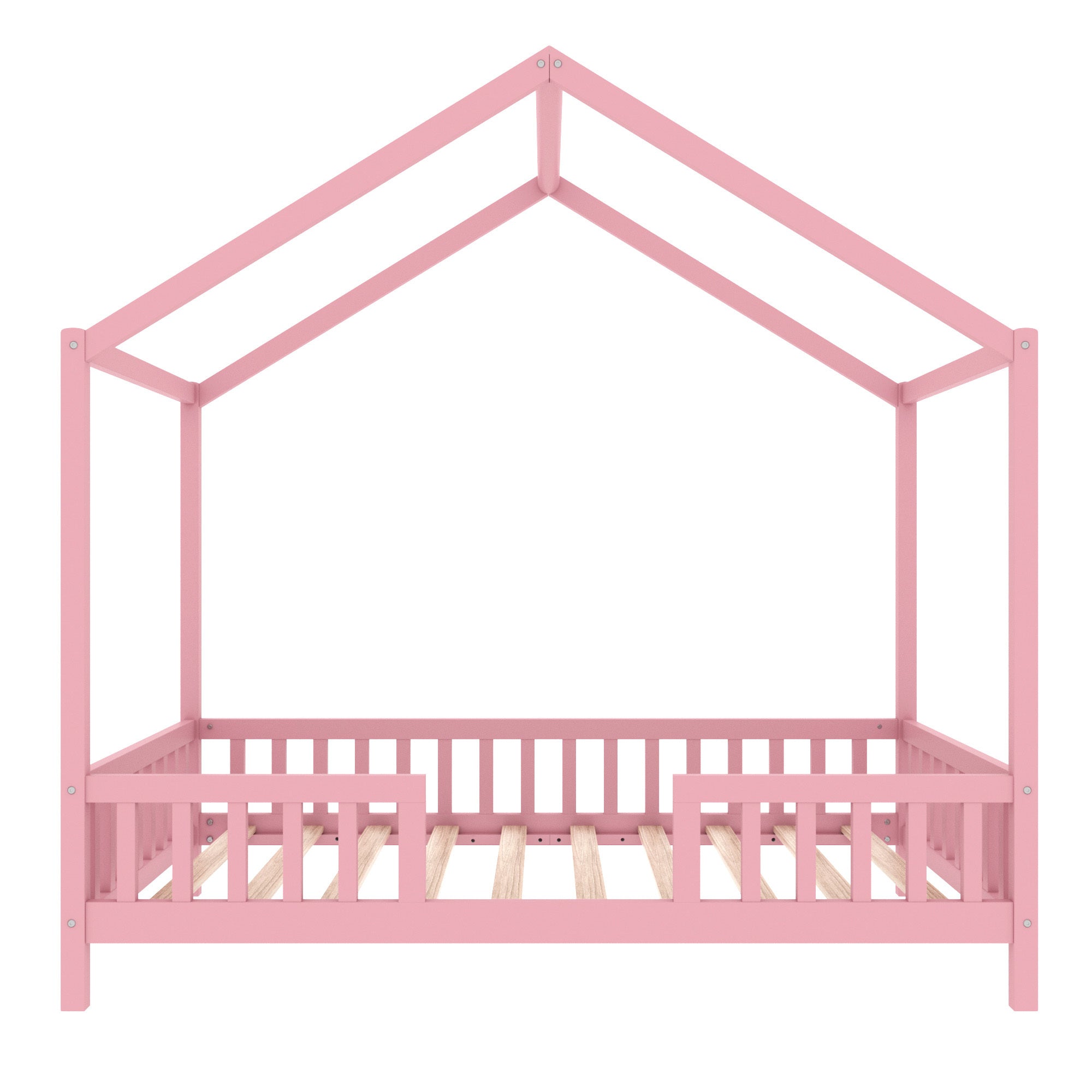 Montessori Floor Bed with Canopy, Twin Bed Frame for Kids, House Shape Kids Bed Frame with High Railings, Wood Kids Bed with Roof, Kid Twin Bed, Pink
