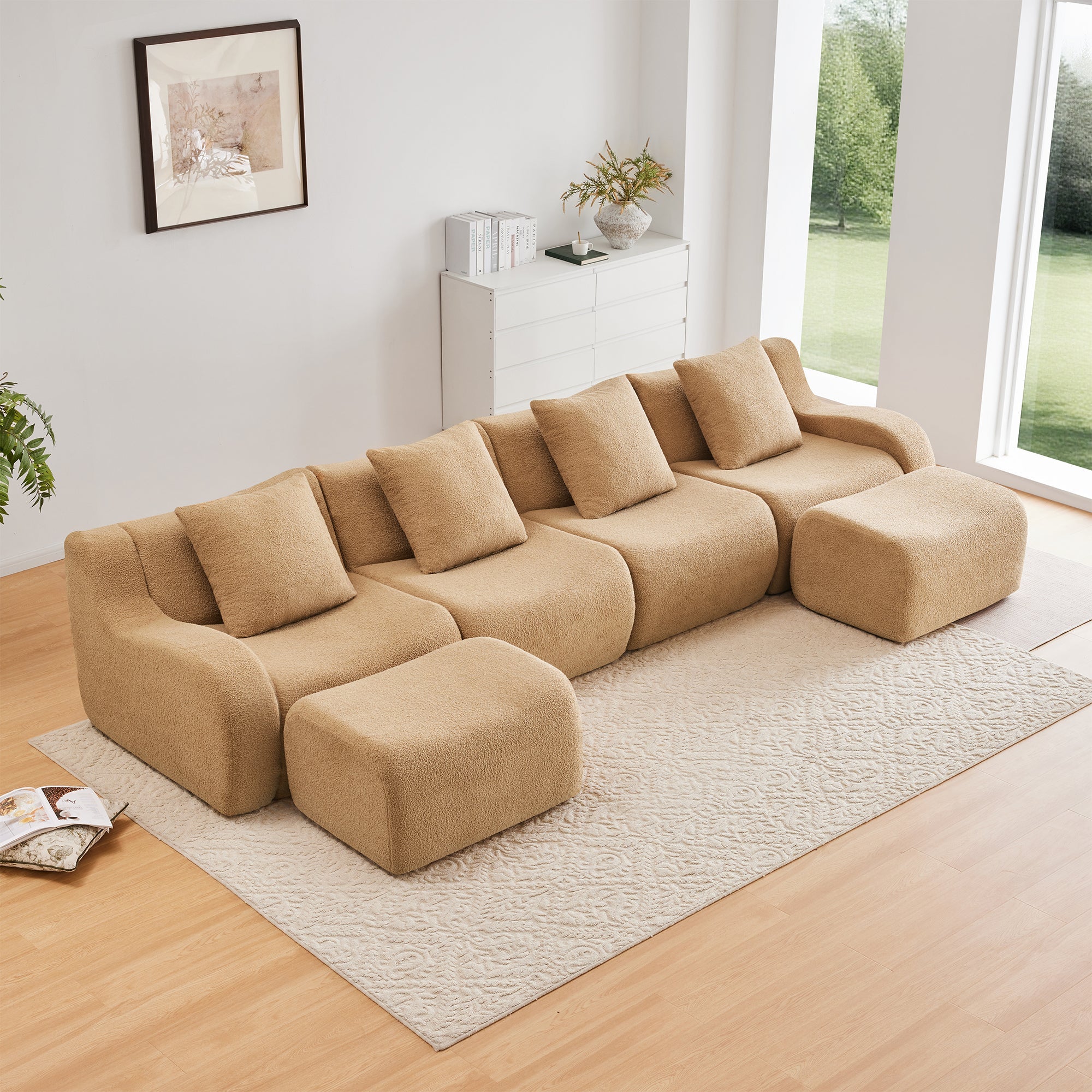 U-Shaped Boneless Sofa,Teddy Fabric No assembly required   Curved armrest,Anti-slip Design,Streamlined Design 32D High Density Sponge,Full Compression Vacuum Packag,For Studies living Rooms,Camel