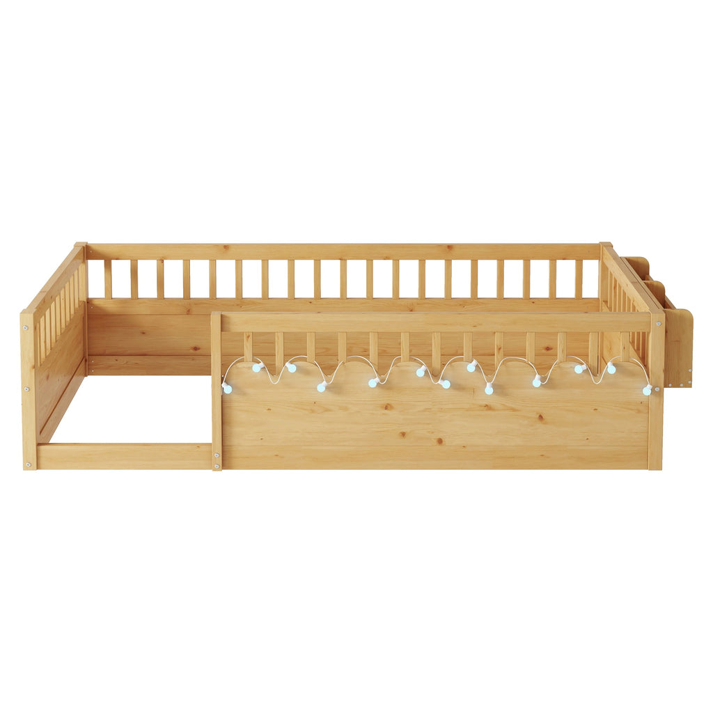 Twin Montessori Floor Bed Frame with High Rails, Wood Kids Floor Beds with Light and Storage Shelf, Natural (Expect Arrival Date 2025/8/15)
