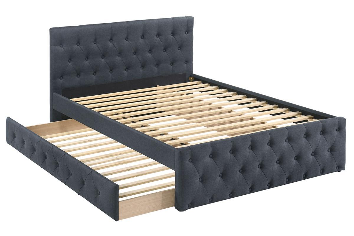 Contemporary Full Size Bed w/ Trundle Slats Charcoal Burlap Upholstered Button Tufted Headboard Footboard Youth Bedroom Furniture wooden Slats 1pc Bed