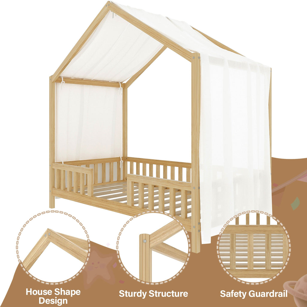 Montessori Floor Bed with Canopy, Twin Bed Frame for Kids, House Shape Kids Bed Frame with High Railings, Wood Kids Bed with Roof, Kid Twin Bed, Natural