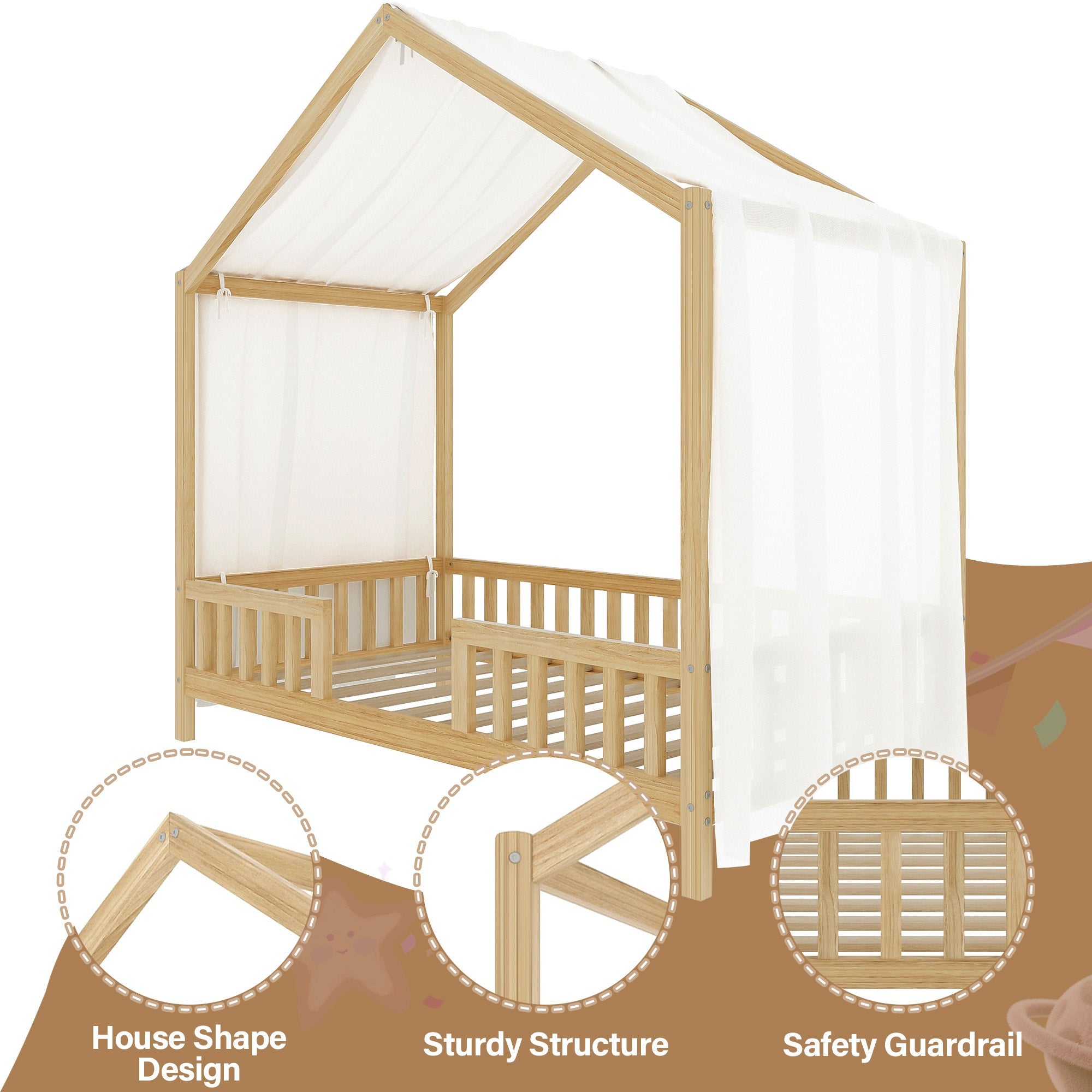Montessori Floor Bed with Canopy, Twin Bed Frame for Kids, House Shape Kids Bed Frame with High Railings, Wood Kids Bed with Roof, Kid Twin Bed, Natural