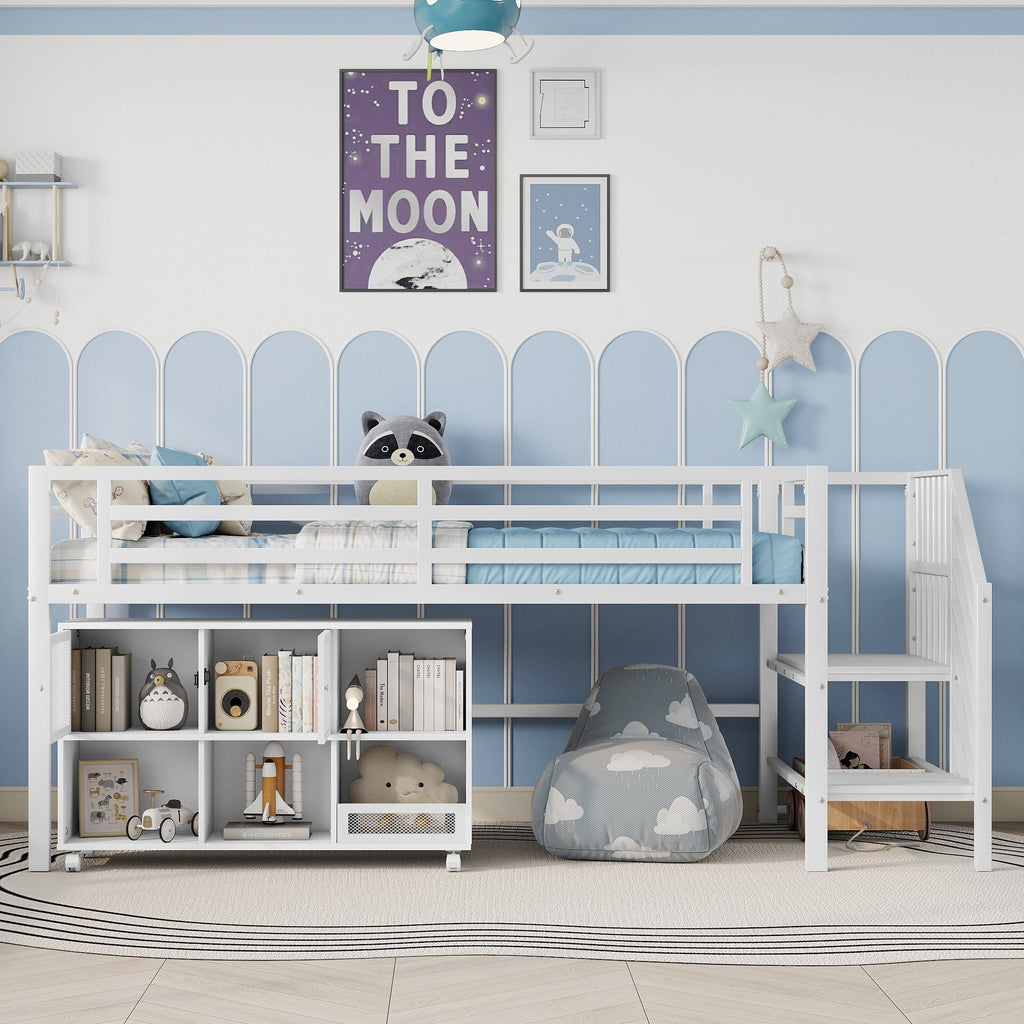 Twin Metal Loft Bed with Storage Cubby, Low Metal Loft Bed with Stairs for Kids, White, Expect Arrival Date 2025/11/10