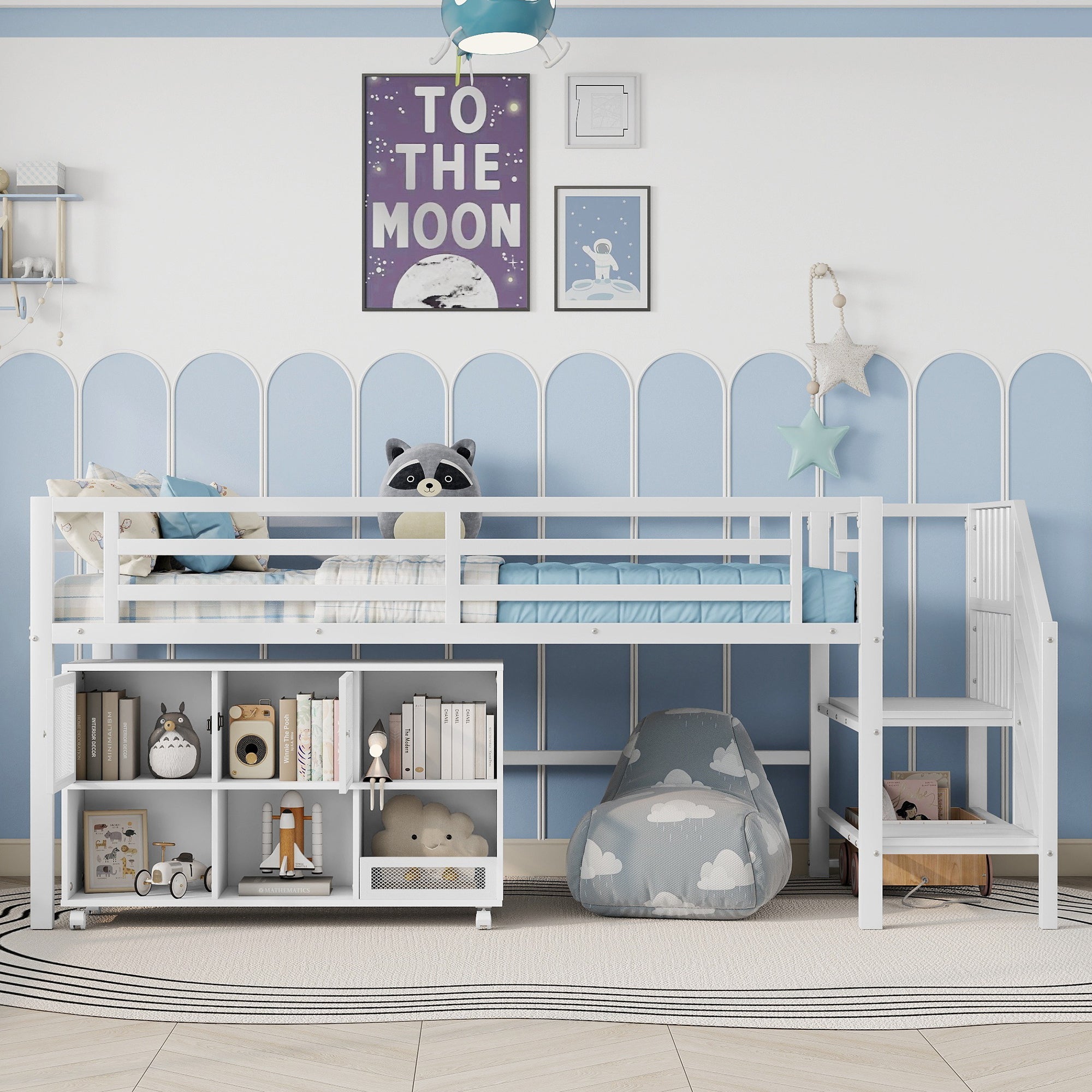 Twin Metal Loft Bed with Storage Cubby, Low Metal Loft Bed with Stairs for Kids, White, Expect Arrival Date 2025/11/10