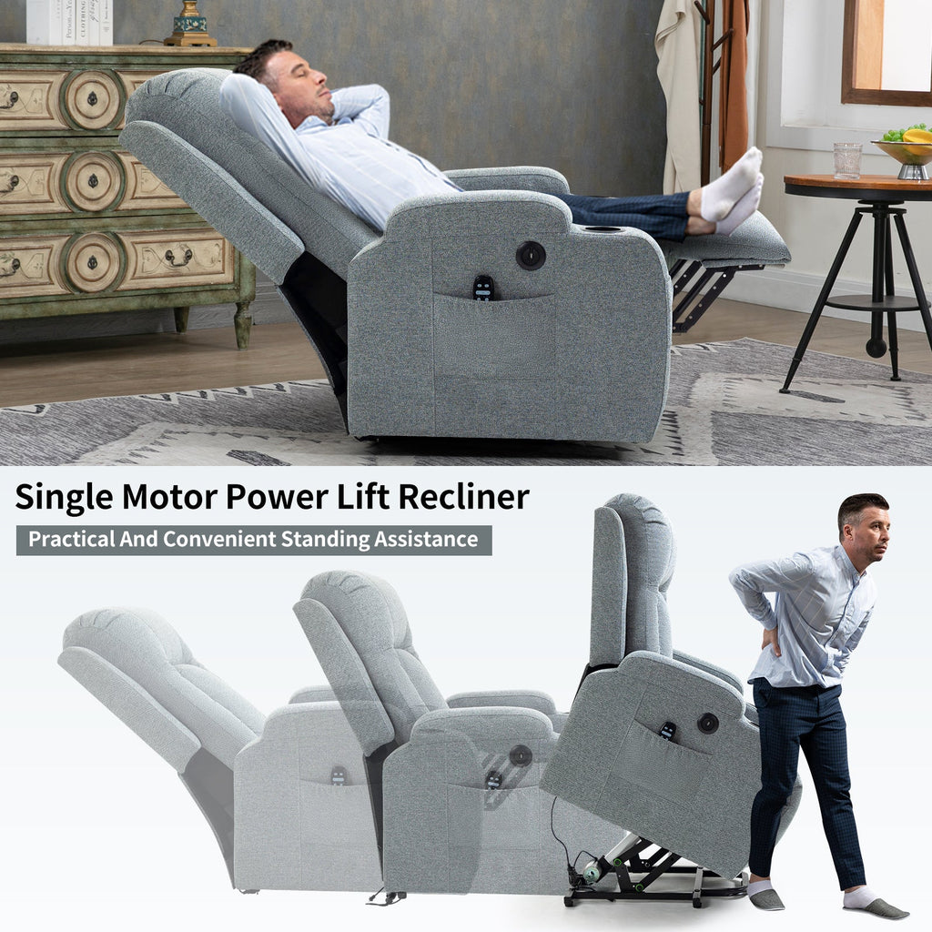 Infinite Position Single Motor Up to 350 LBS Power Lift Recliner Chair for Elderly, Heavy Duty Motion Mechanism with 8-Point Vibration Massage and Lumbar Heating, USB Charging Port, Cup Holders, Grey