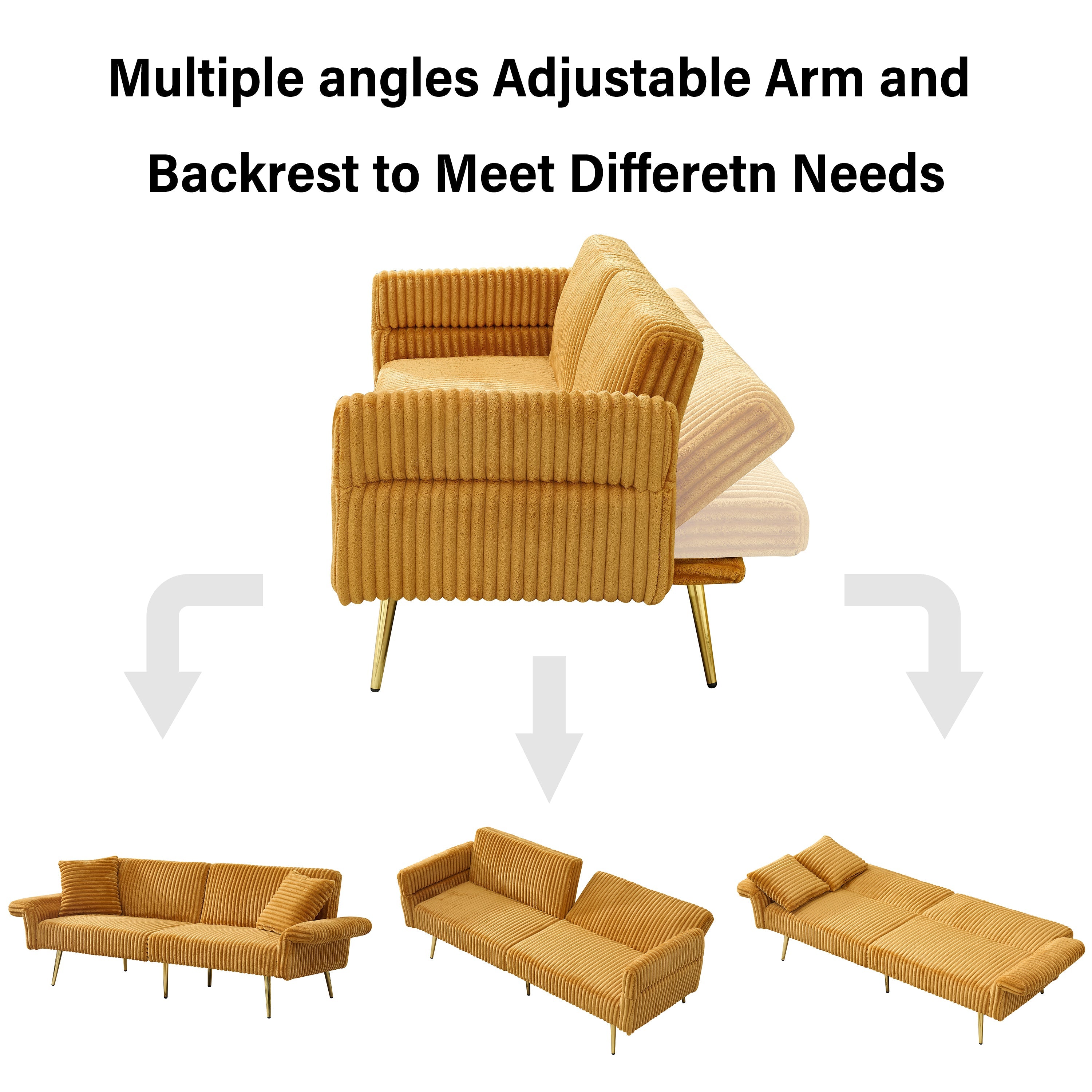 Luxury Corduroy Foldable Double Sofa Bed with Folding Armrests, Yellow, Solid Wood Frame, 79 Inch