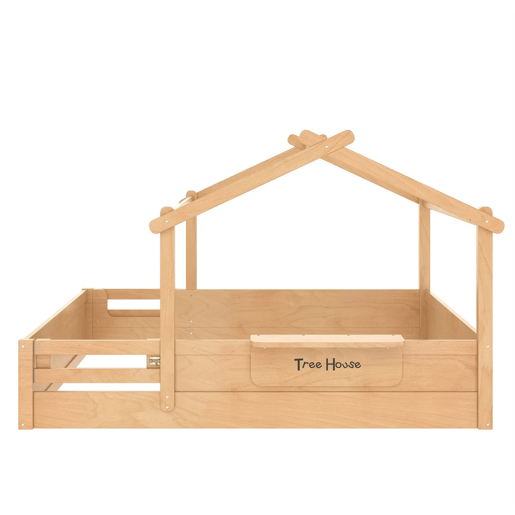 Queen Size Floor Bed with Guardrails and Roof, Kids House Floor Bed with a Small Built-in Tray and Free-installed Signboard, Childlike Design,Natural