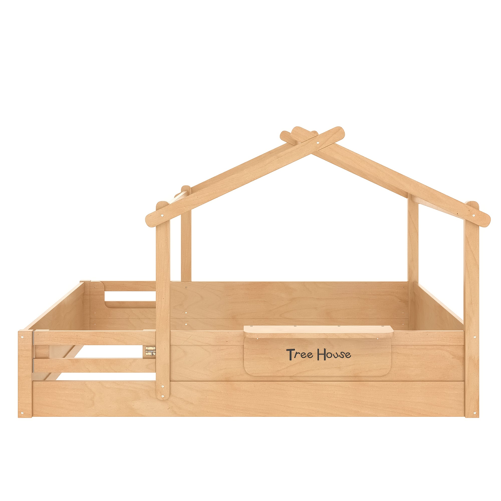 Queen Size Floor Bed with Guardrails and Roof, Kids House Floor Bed with a Small Built-in Tray and Free-installed Signboard, Childlike Design,Natural