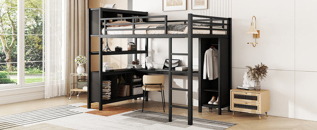 Metal Loft Bed with Wardrobe And L-shaped Desk, Full Size Loft Bed with Storage Cubes and Shelves, Heavy Duty Loft Bed for Kids Teens Adults, Black
