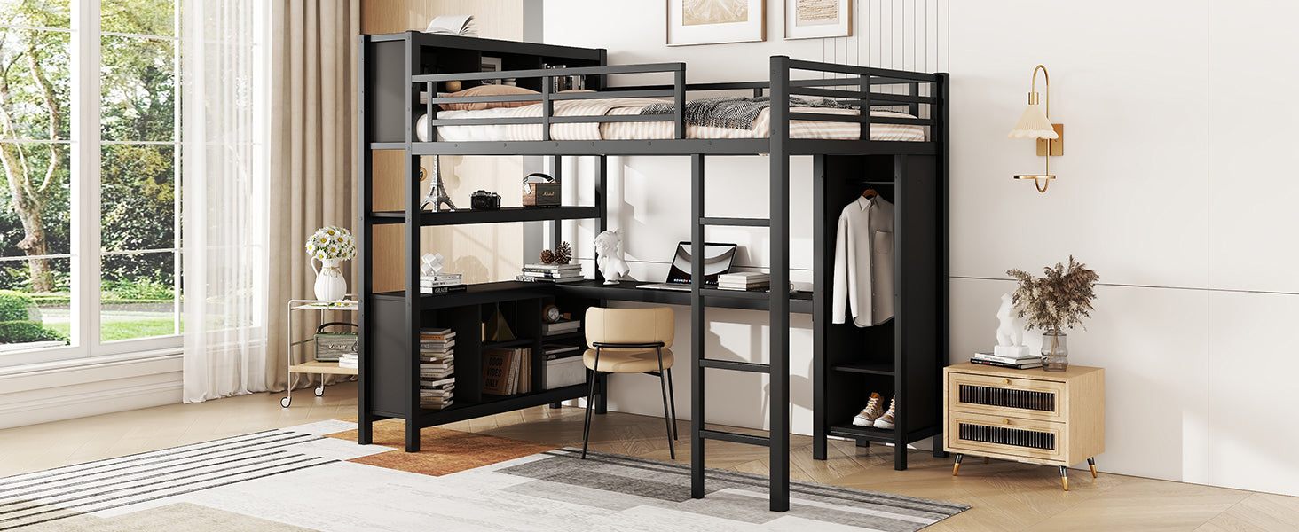 Metal Loft Bed with Wardrobe And L-shaped Desk, Full Size Loft Bed with Storage Cubes and Shelves, Heavy Duty Loft Bed for Kids Teens Adults, Black
