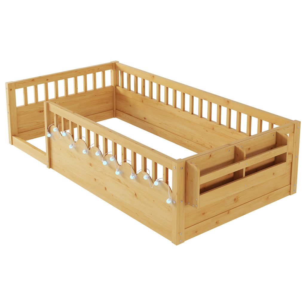 Twin Montessori Floor Bed Frame with High Rails, Wood Kids Floor Beds with Light and Storage Shelf, Natural (Expect Arrival Date 2025/8/15)