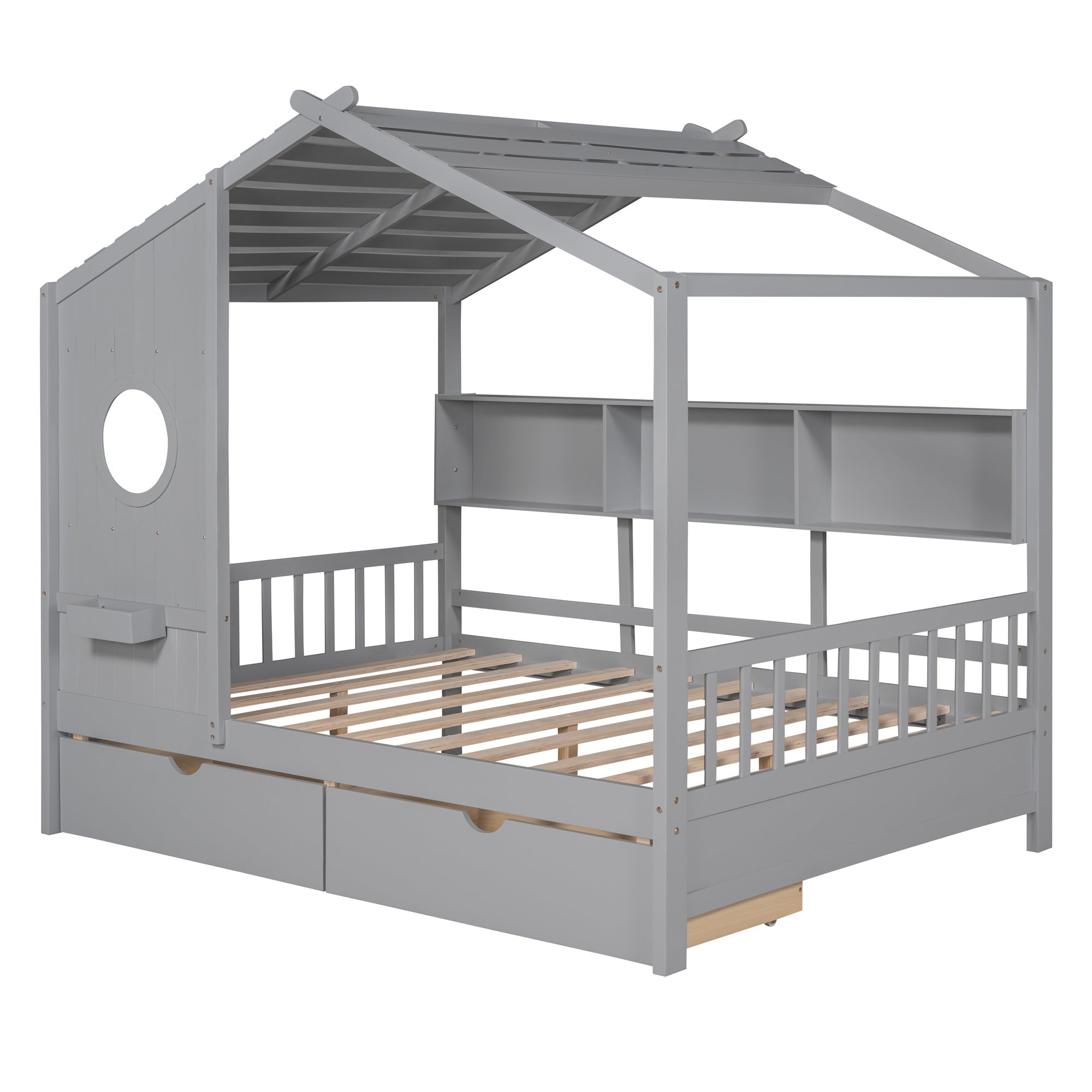 Wooden Full Size House Bed with 2 Drawers,Kids Bed with Storage Shelf, Gray(Old SKU: HL000052AAE)