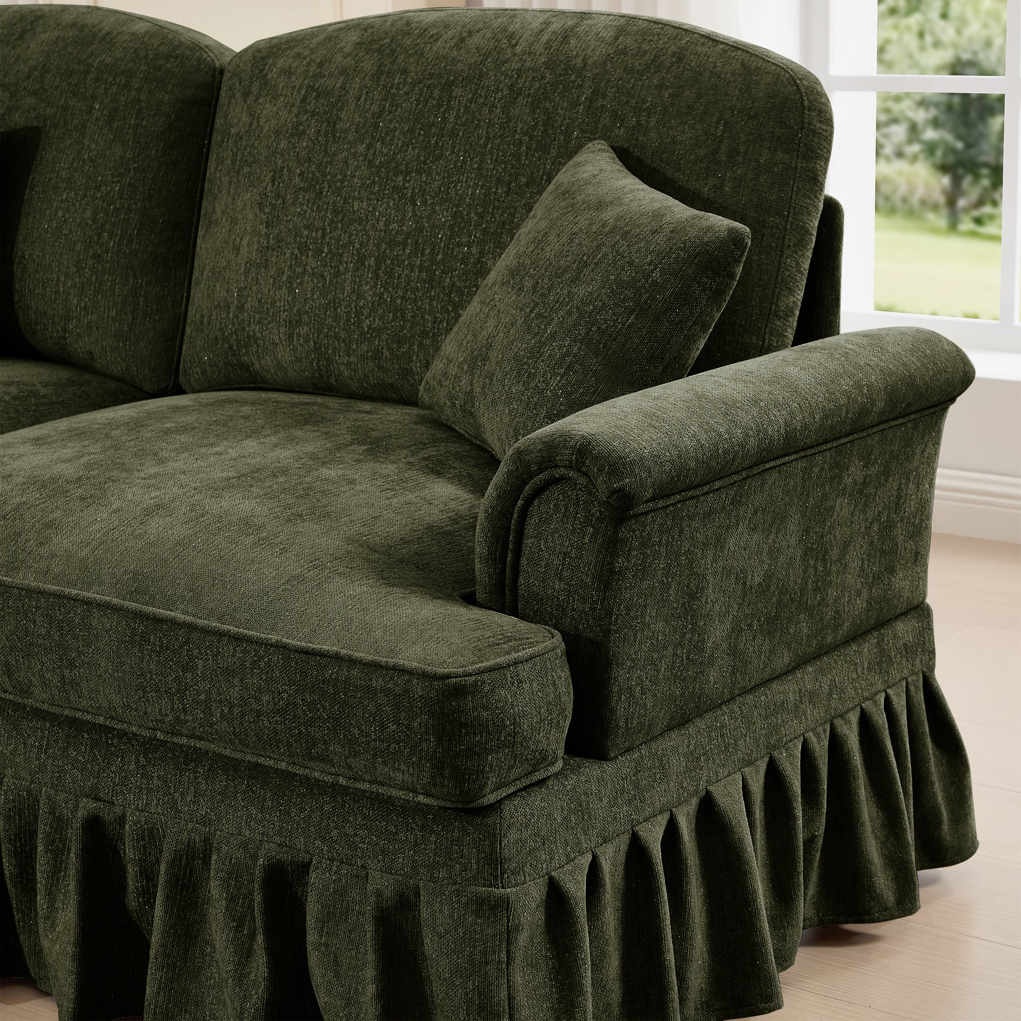 Elegant Mid Century Large 3 Seater Sofa Couch with Flared Arms and Removable Ruffles Pleats Skirts and Spindle Legs, Comfy Chenille Three-Seat Sofa for Living Room, Green