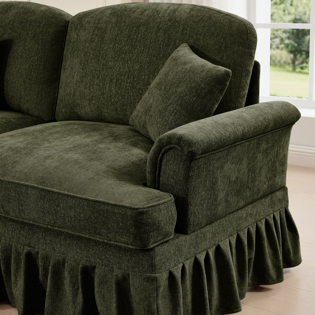 Classic Comfy Modular U Shape Sectional Sofa Couch with Flared Arms and Removable Ruffles Pleats Skirts and Spindle Legs, Upholstered Chenille Deep Seat Cloud Sofa with Movable Ottomans,Green