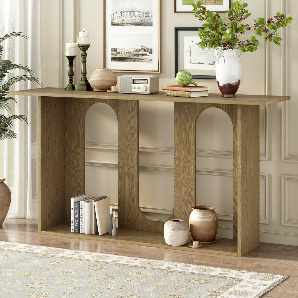 U_STYLE Modern and Curved Design Ash Veneer Console Table with Shelf,Suitable for Entryway,Hallway Living Room,Foyer,Corridor