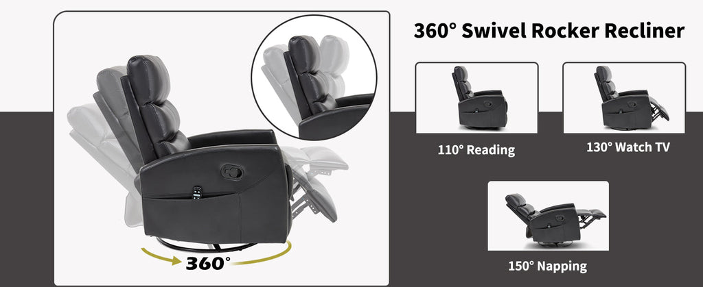 Heat Massage Manual Recliner Chair with Rocker and Swivel in Fabric for Living Room, Black