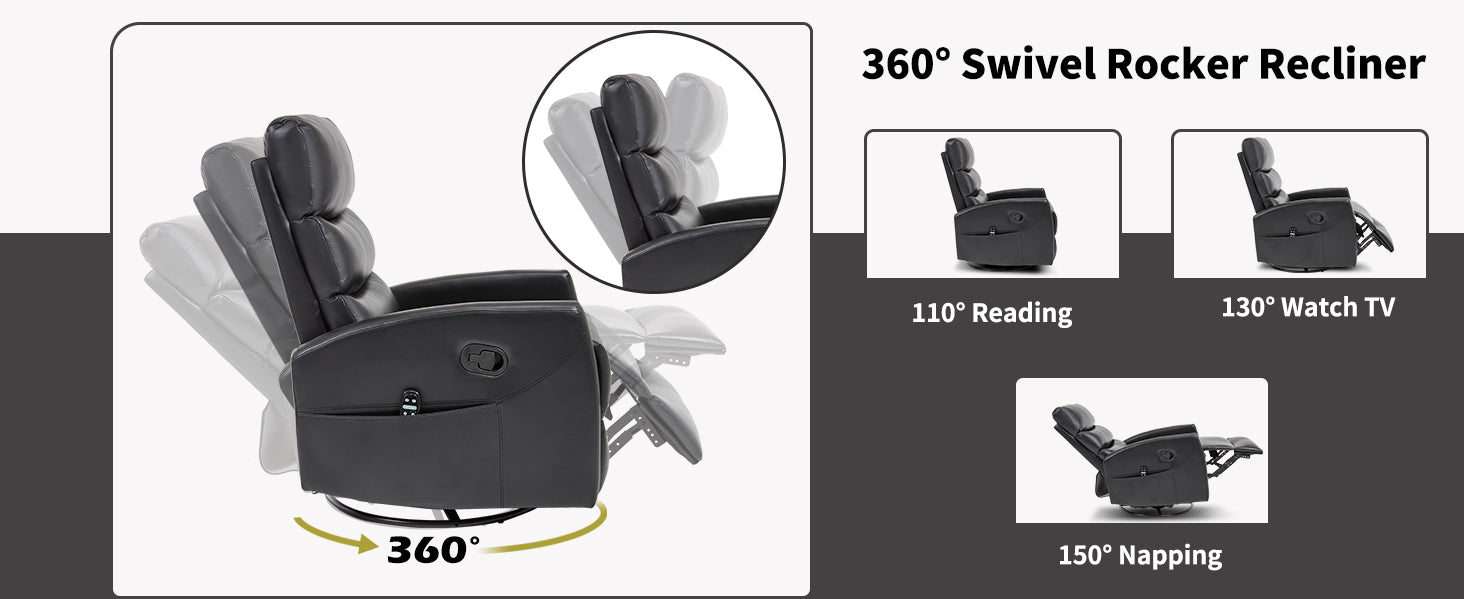 Heat Massage Manual Recliner Chair with Rocker and Swivel in Fabric for Living Room, Black