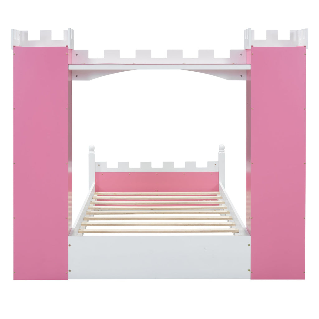 Castle-Shaped Wooden Bed with Storage Shelf, Dreamy Twin Size Platform Bed for Kids Bedroom, Pink+ White(Expected Arrival Time:8.14)