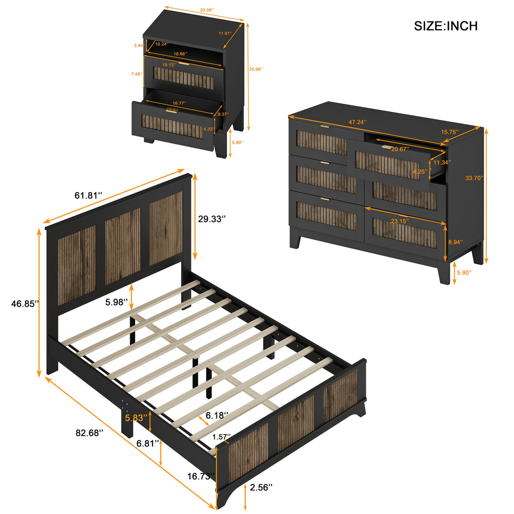 4-Pieces Bedroom Sets, Queen Size Farmhouse Platform Bed with Wooden Strip Stickers Decoration, Storage Nightstand and Dresser with Metal Handle, Black(Old SKU: HL000191AAB)
