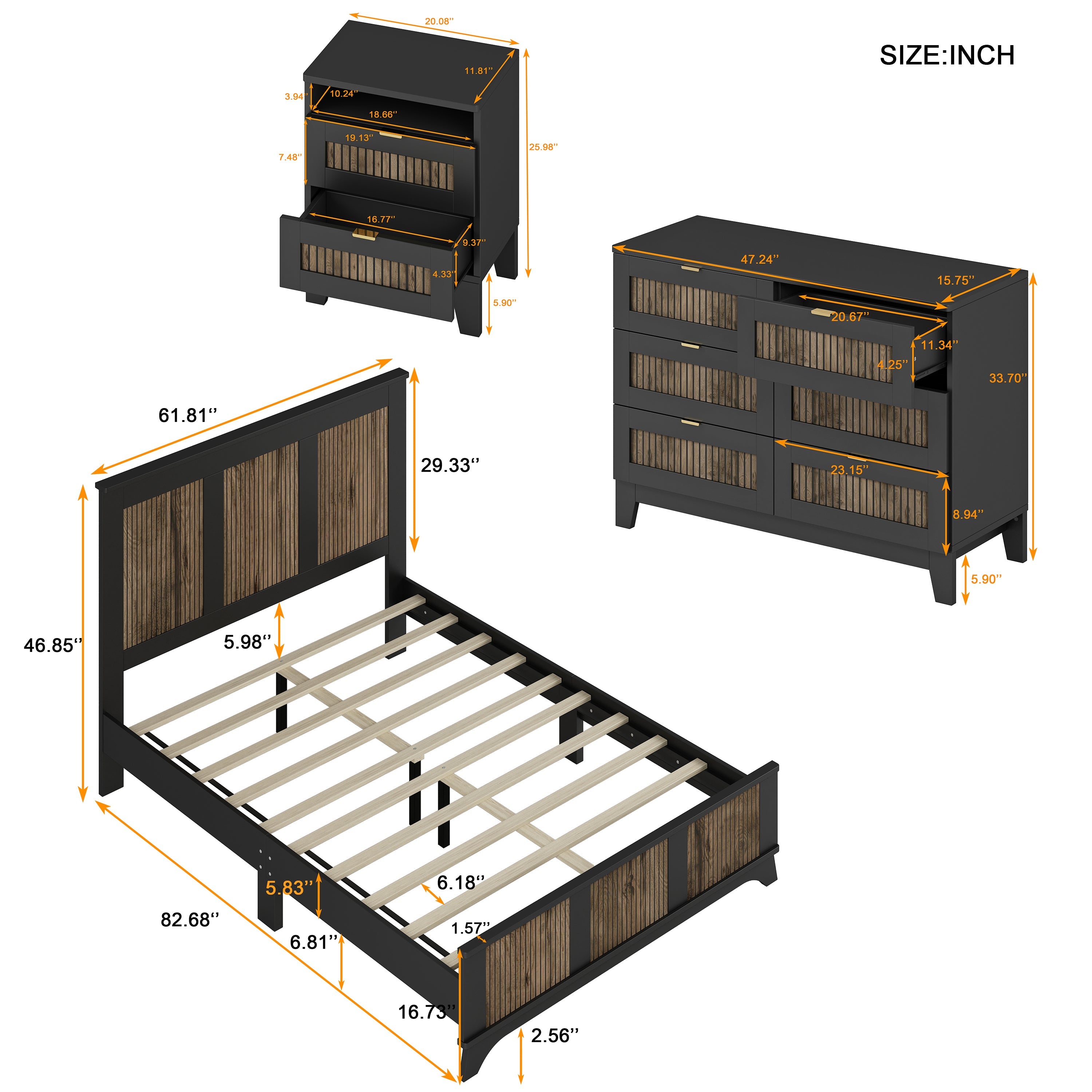 4-Pieces Bedroom Sets, Queen Size Farmhouse Platform Bed with Wooden Strip Stickers Decoration, Storage Nightstand and Dresser with Metal Handle, Black(Old SKU: HL000191AAB)