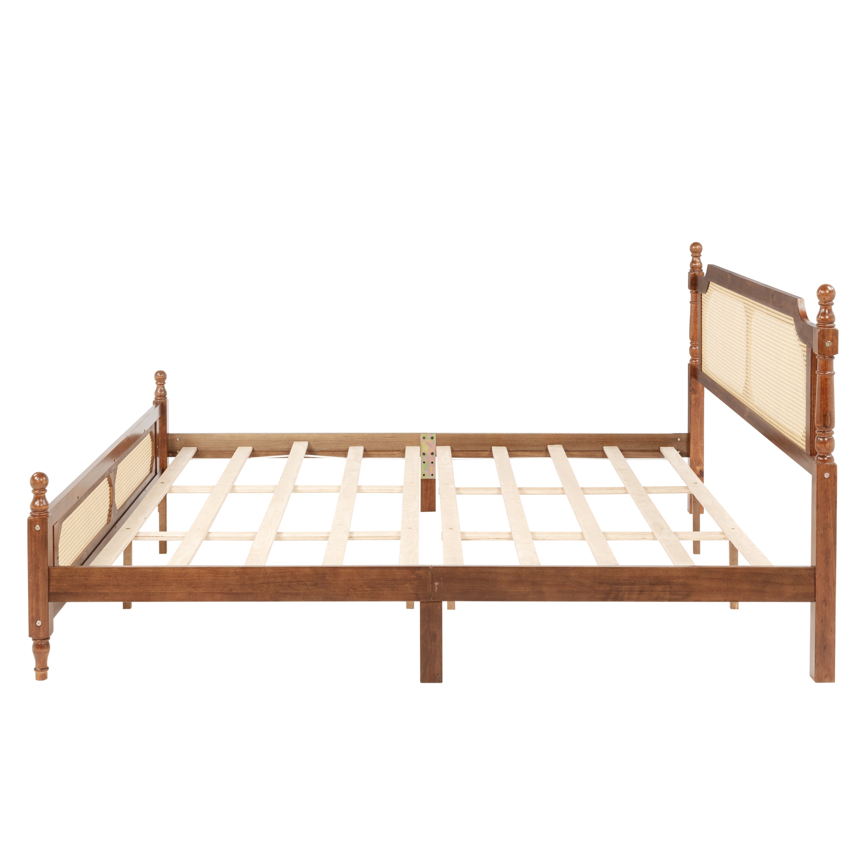 King Pine wooden Bed with Rattan Headboard  and Footboard, with  Central Enhanced Bed Platform,Walnut