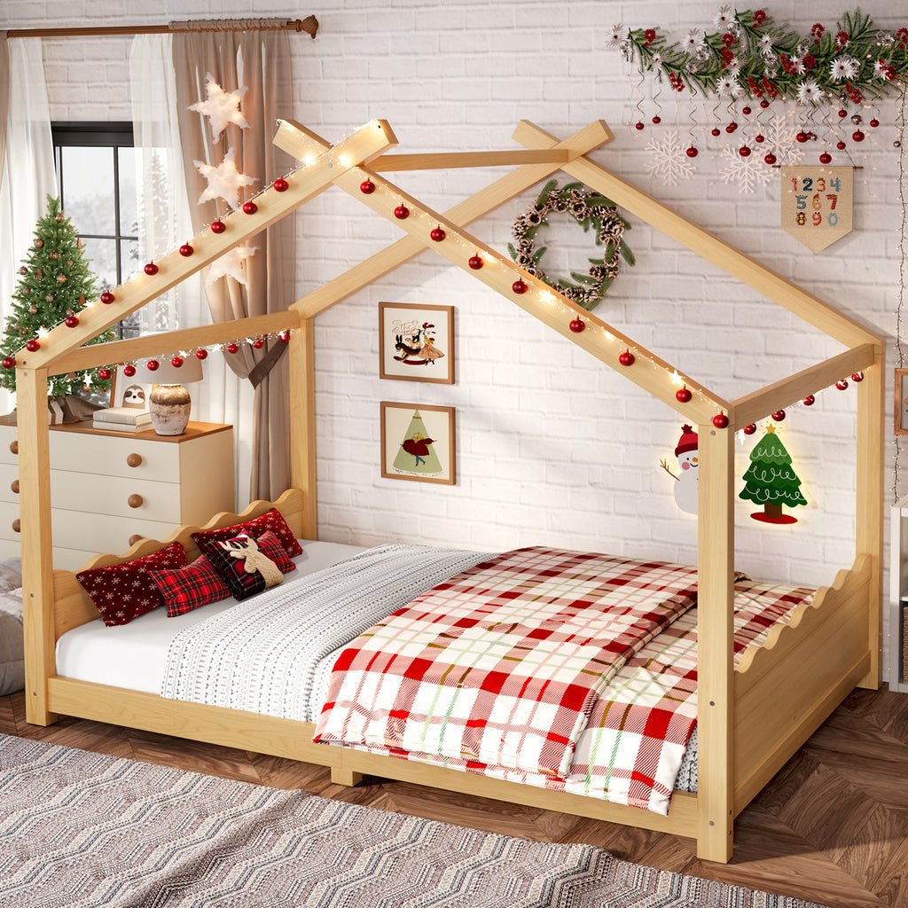 Full House Floor Bed with Support Slats, Solid Wood House Bed Frame for Kids, No Box Spring Needed and Opening Constructure, Natural